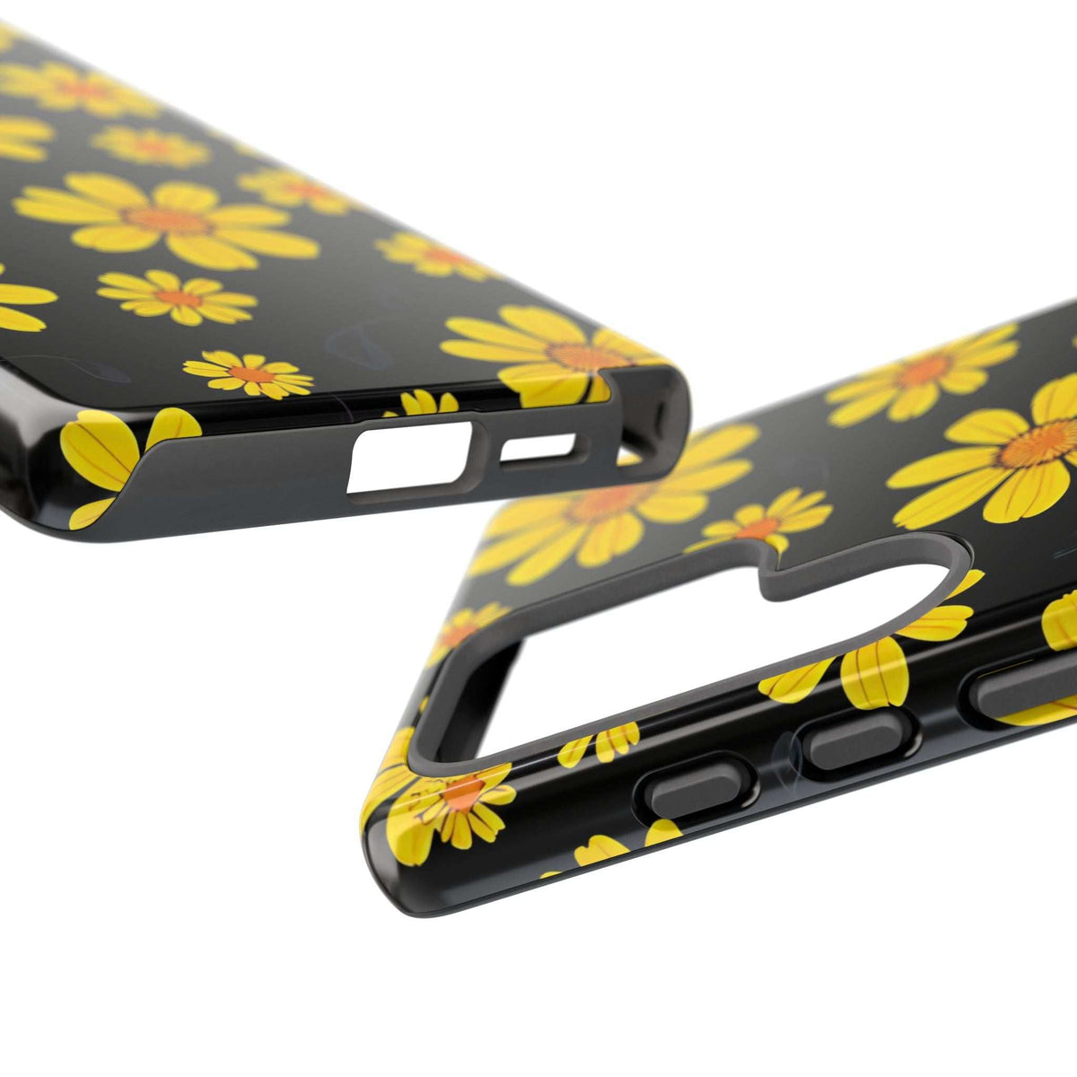 Black floral phone case with yellow daisies, showing side buttons and port opening