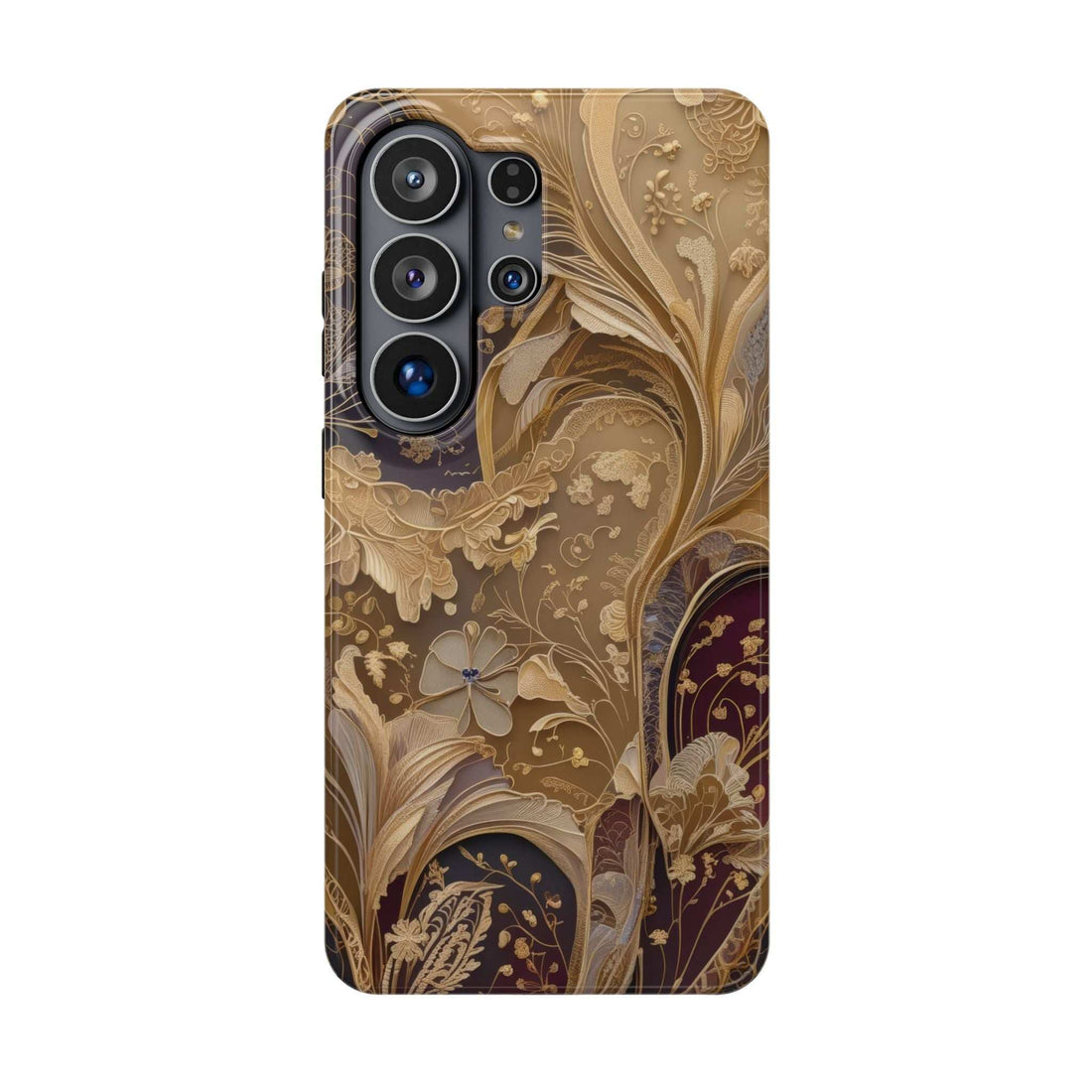 Botanical phone case with beige and dark floral swirl pattern, raised camera cutouts.