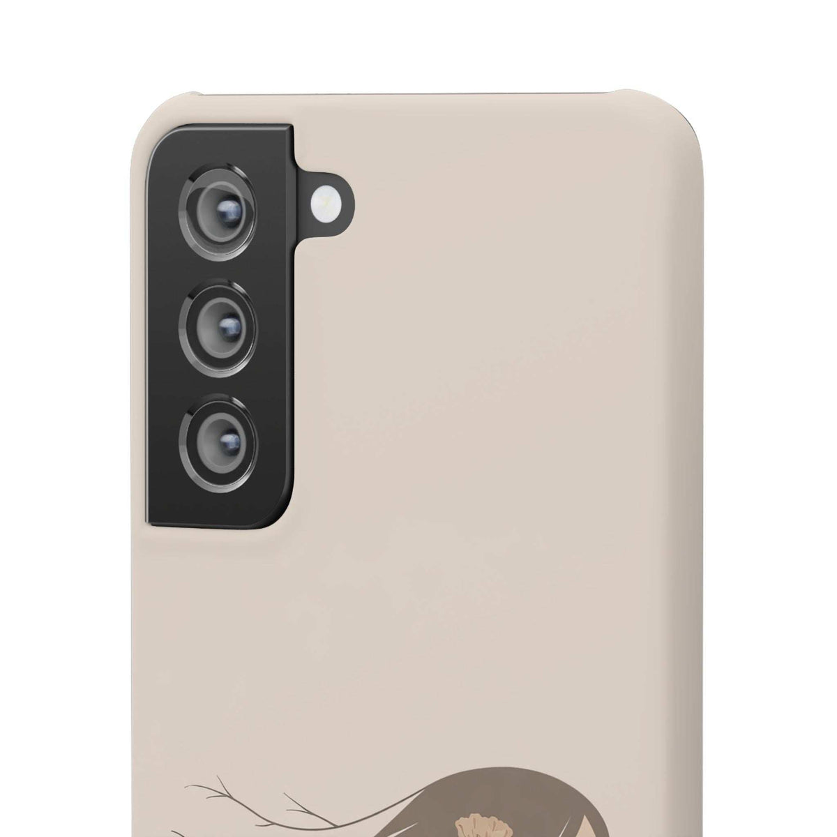 Beige phone case with floral silhouette, close-up of vertical camera cutout and top protection tab