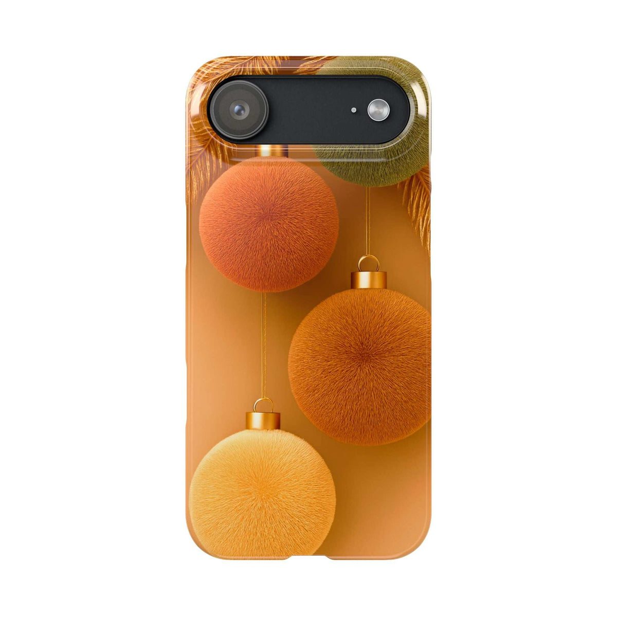 Phone case with orange pom-poms, green fuzzy ornament, and gold bauble, top camera opening