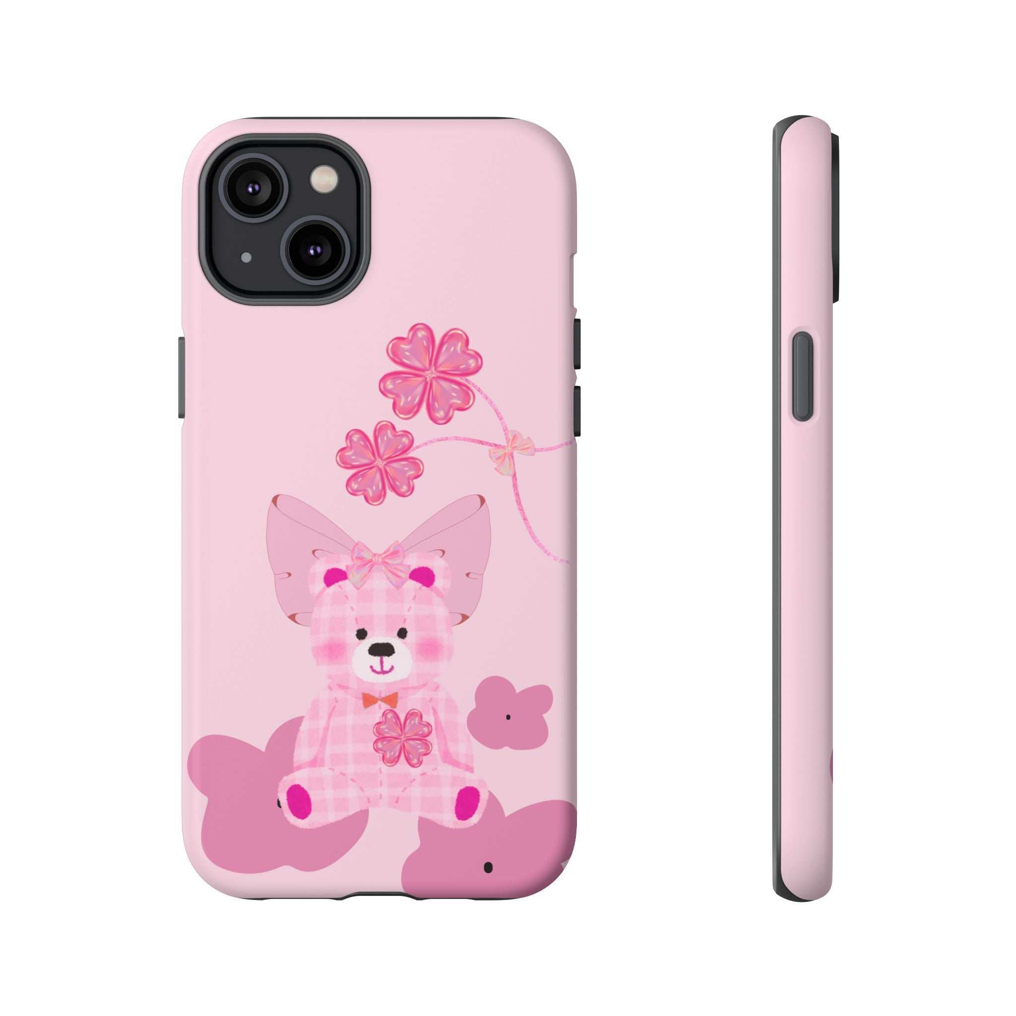 Pink phone case with teddy bear design and flower bow; back and side profile.