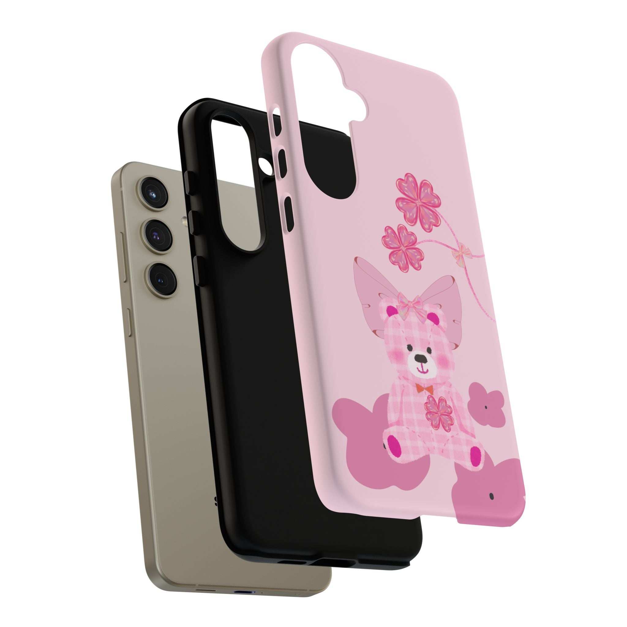 Pink teddy bear phone case, teddy holding heart and flower graphics, camera opening