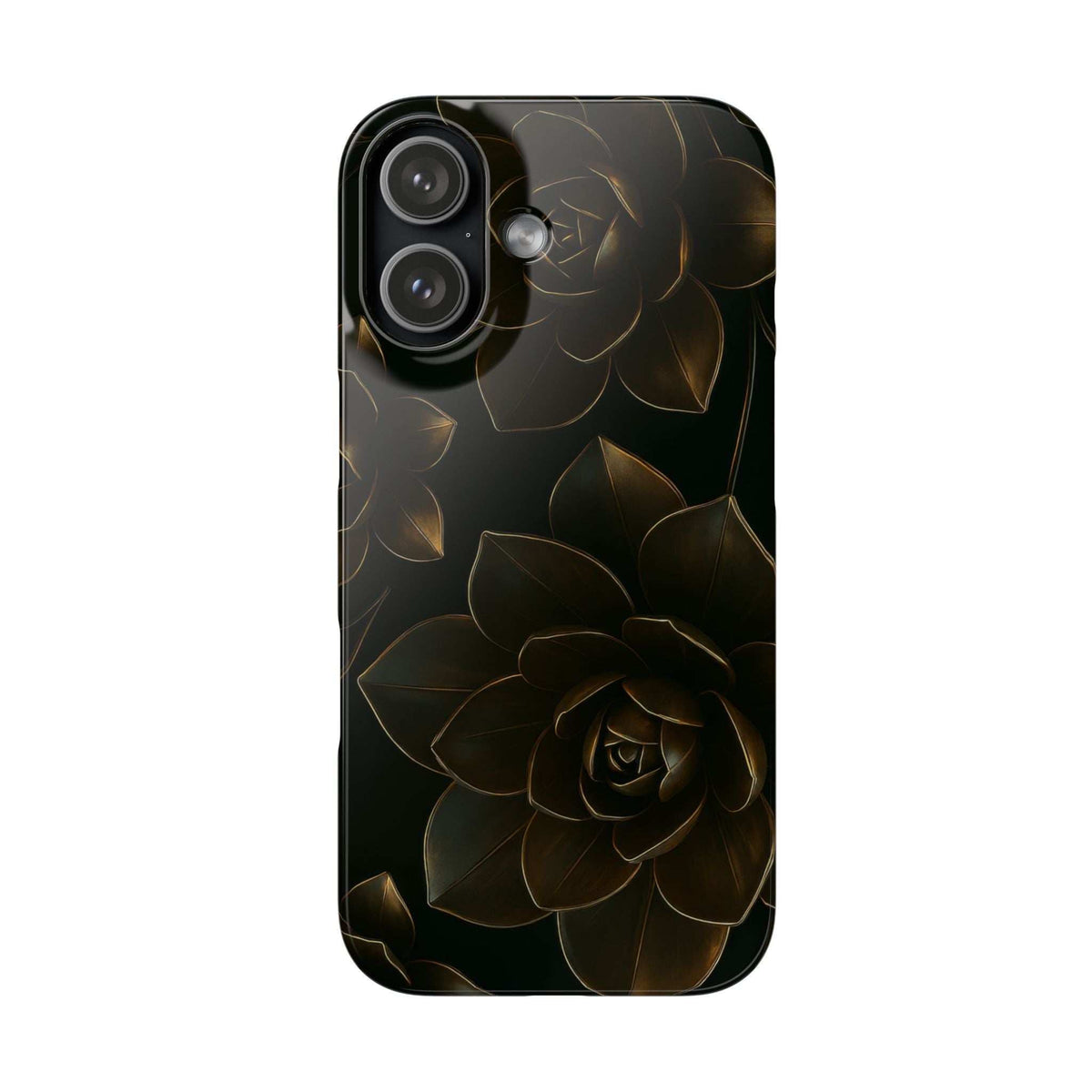 Glossy metal flower phone case with dark base and gold rose artwork, camera cutout
