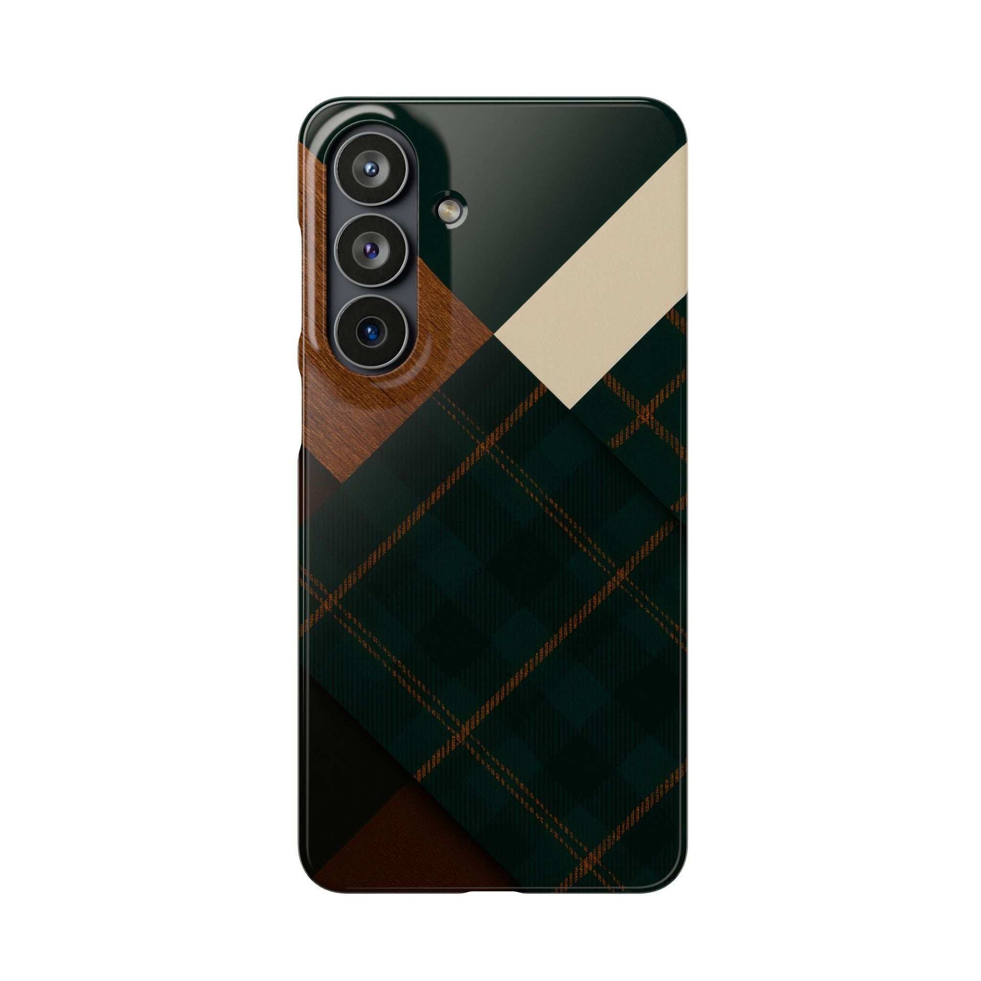 Rustic green phone case with wood accent, plaid design, and secure camera openings