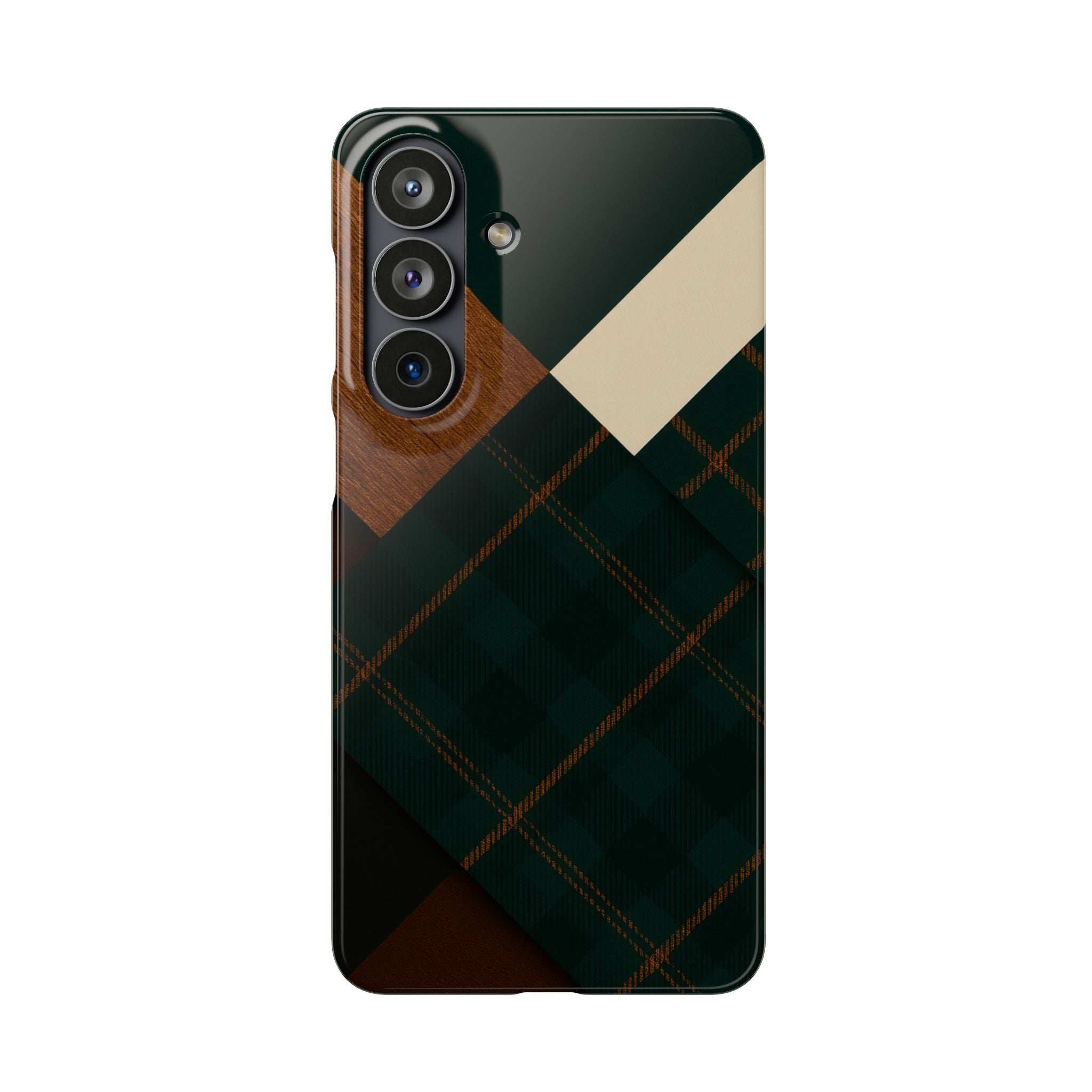 Rustic green phone case with wood accent, plaid design, and secure camera openings