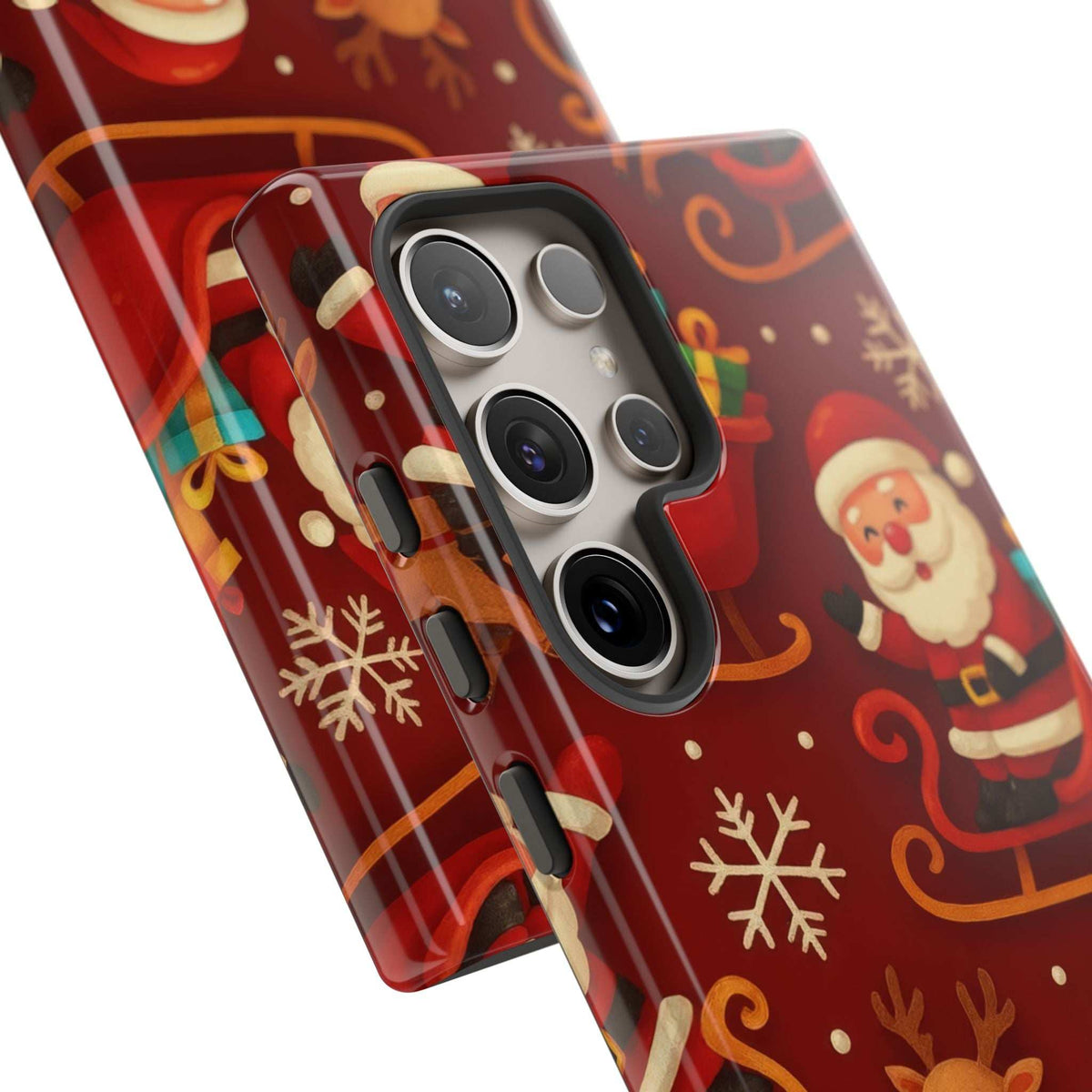 Glossy red phone case with Santa sleigh and snowflake print, camera cutouts