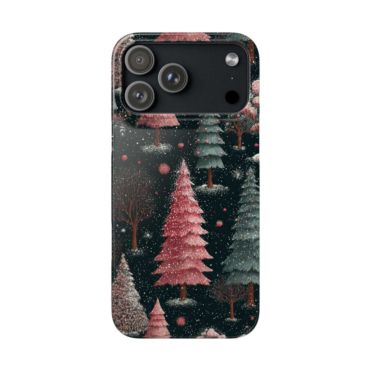 Glossy winter forest phone case with pink and green trees; side camera openings shown.