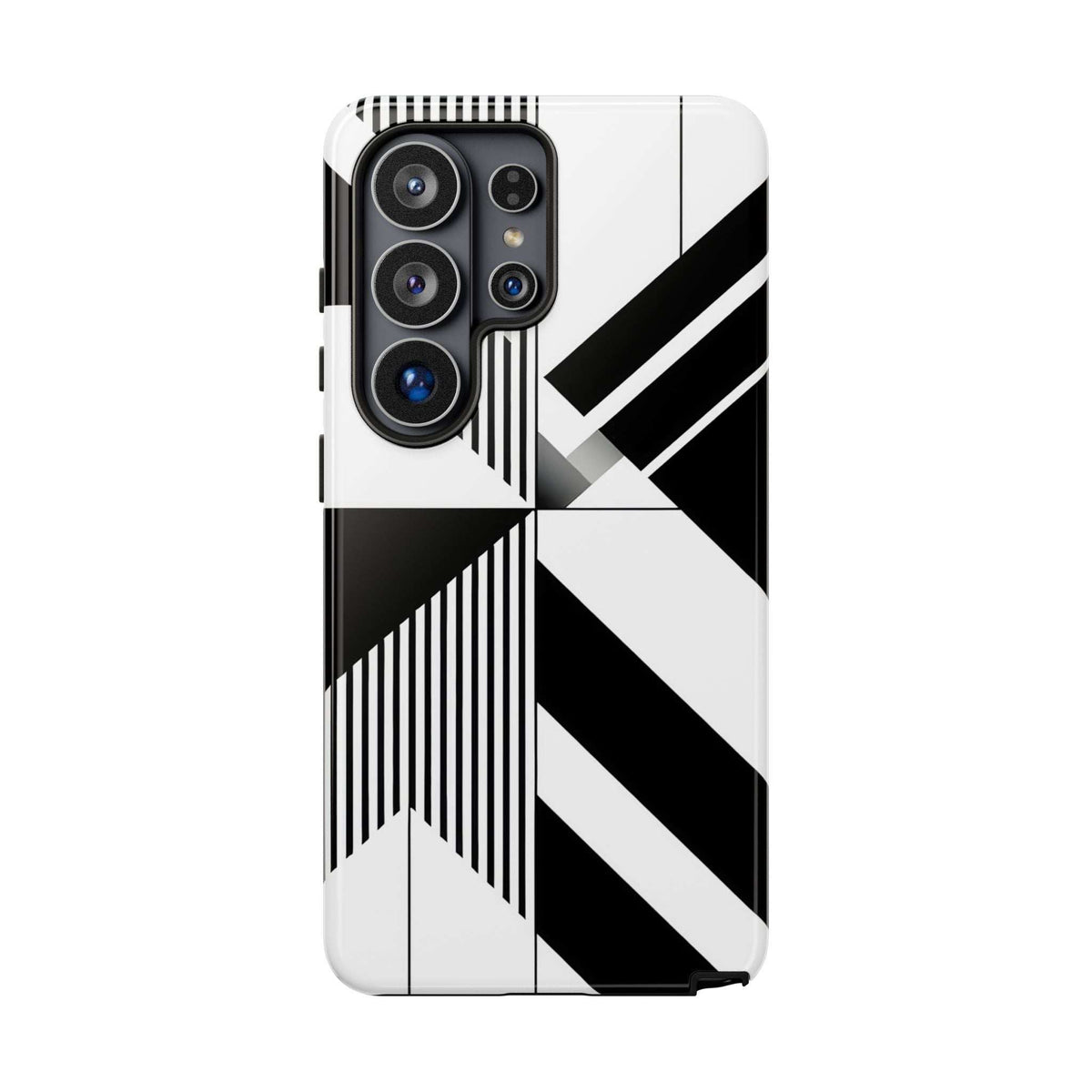 Monochrome tough phone case with geometric stripe and chevron design, corner bumper visible