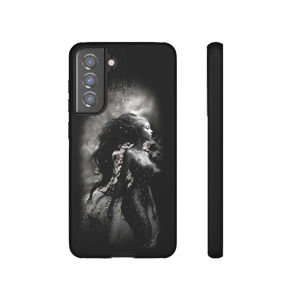 Black phone case with monochrome mermaid portrait, raised camera lenses, slim side edge