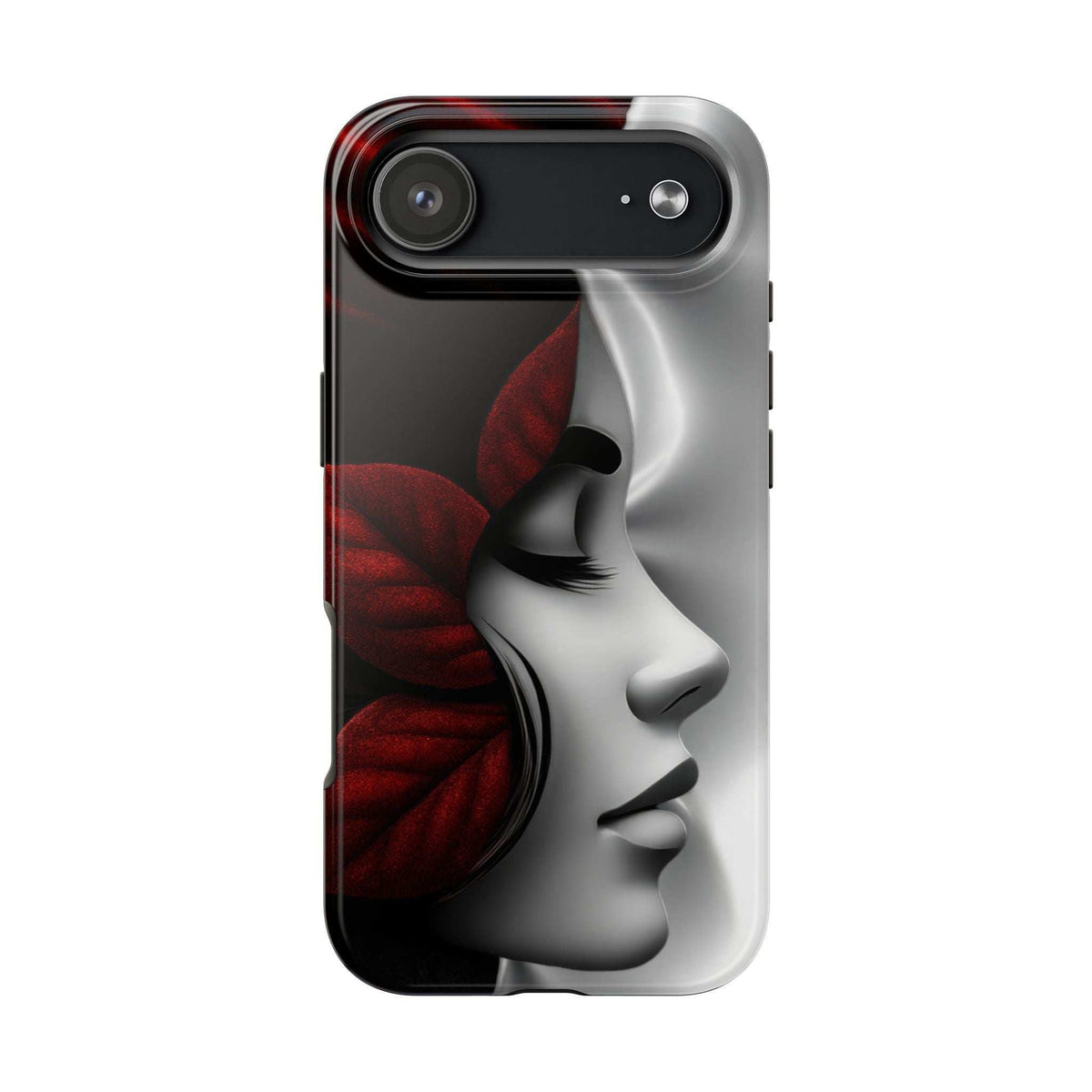 Black phone case with gray woman profile and red rose, raised camera cutout