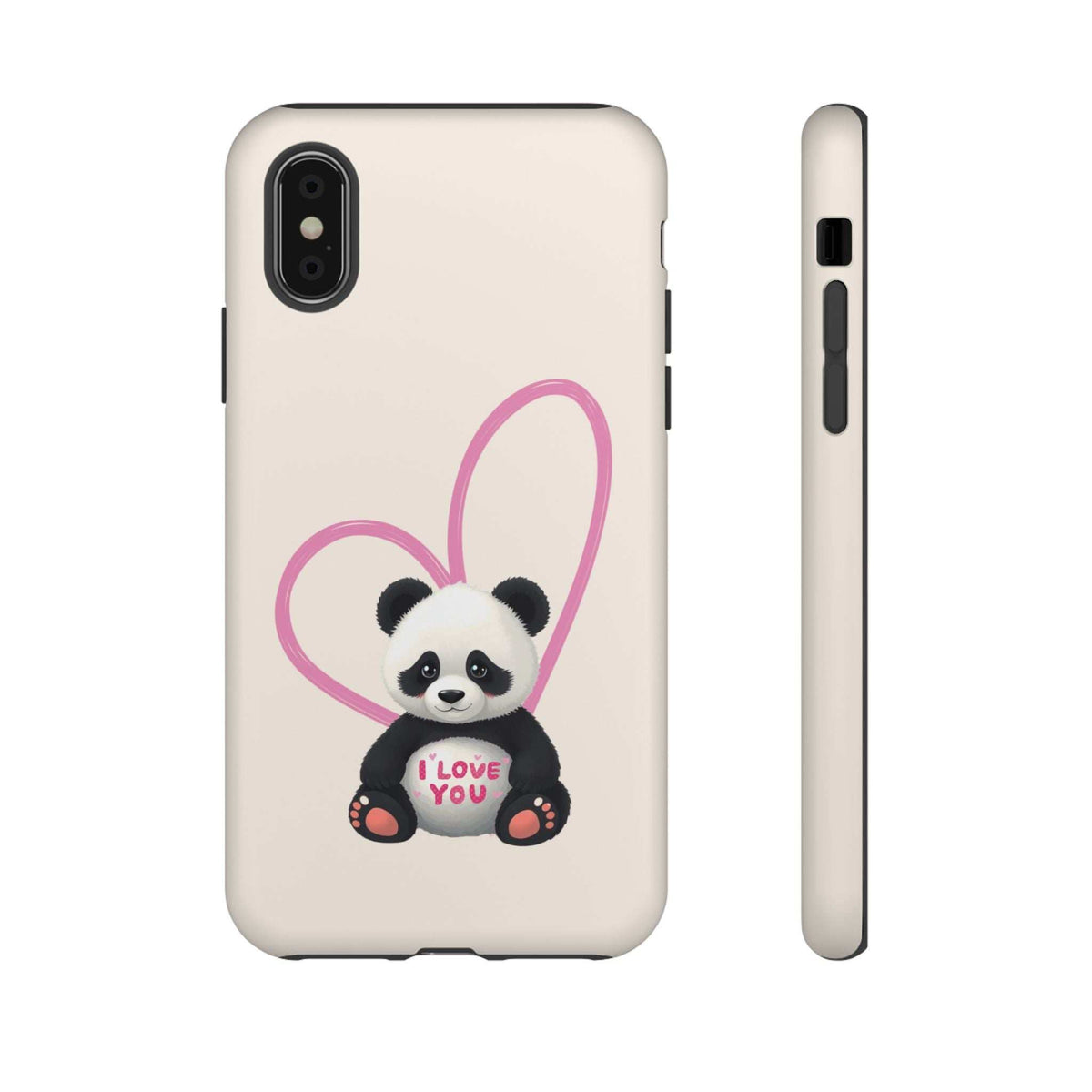 Cute panda heart phone case front and side, featuring panda and “I LOVE YOU”