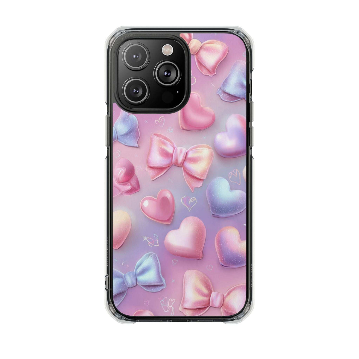 Clear phone case with pastel hearts and bow print; top-left camera lens openings