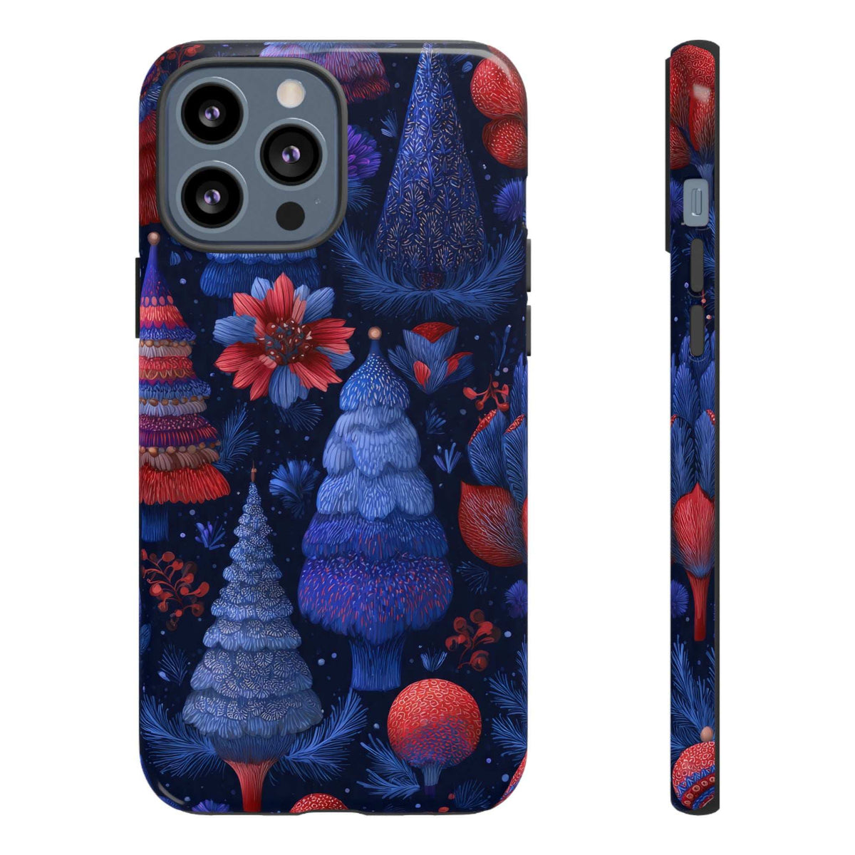 Glossy phone case back and side view; blue pine trees with red ornaments and camera cutouts.