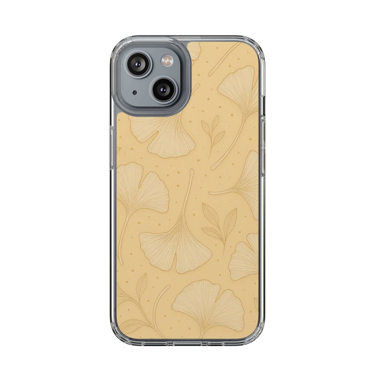 Phone case with tan ginkgo floral pattern and clear border; front view with dual camera cutouts.