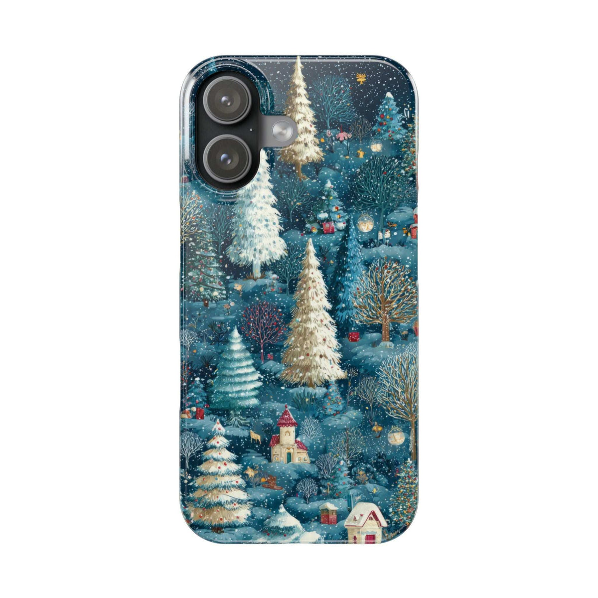 Blue winter forest phone case with snowy trees and visible side edges, camera cutouts