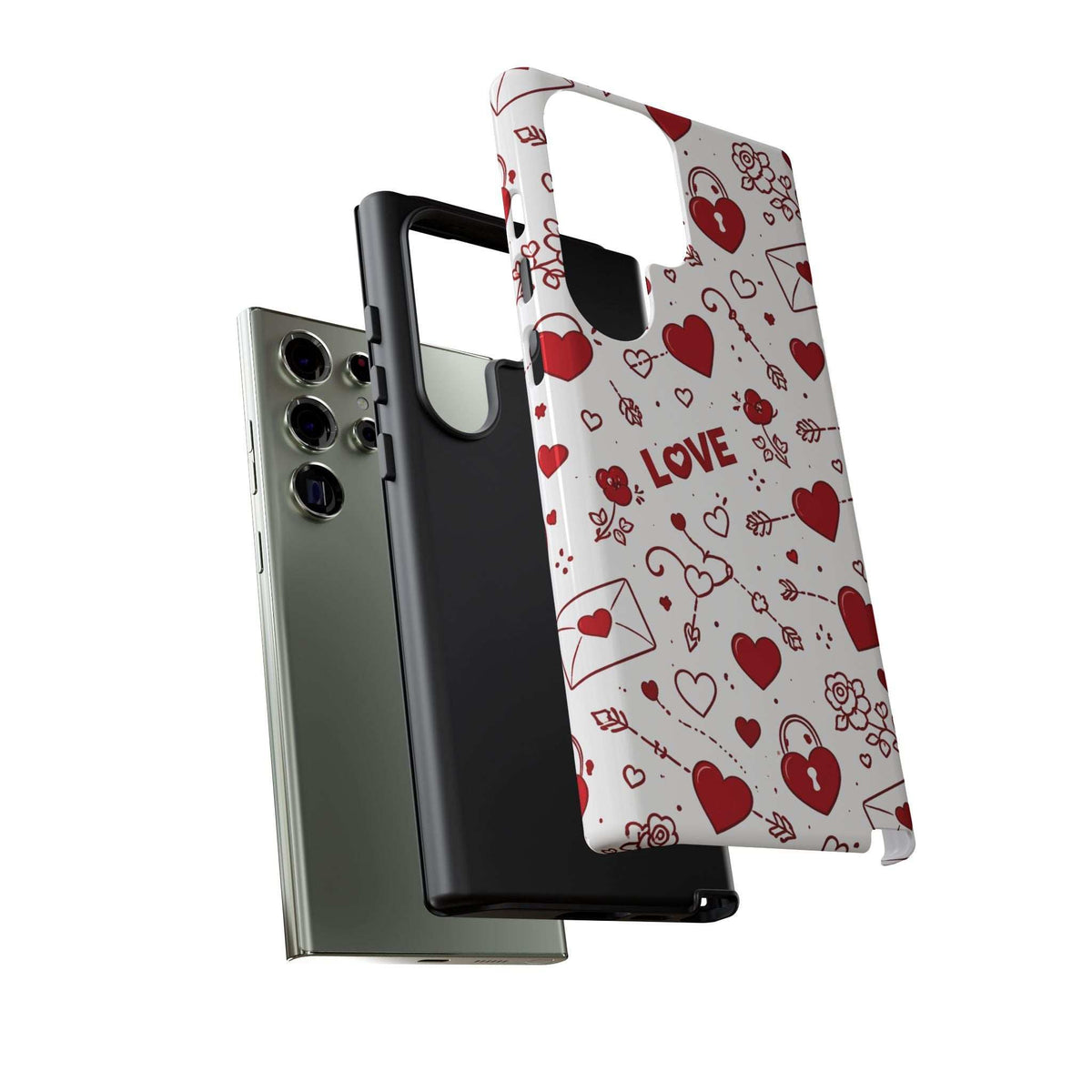 Glossy white phone case with red hearts and “LOVE”; back and side angles