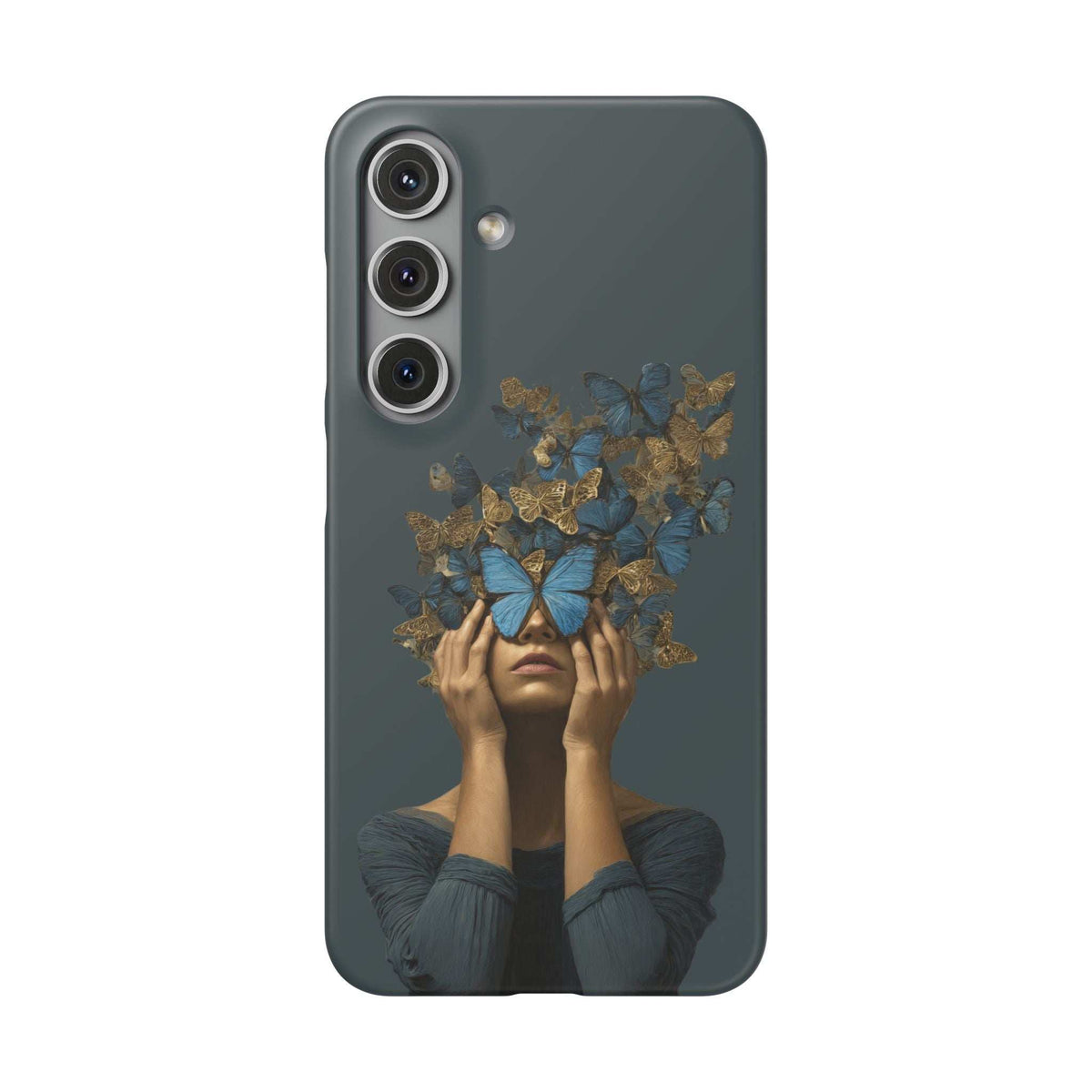 Dark gray phone case featuring blue butterfly and gold wings artwork, camera lens cluster