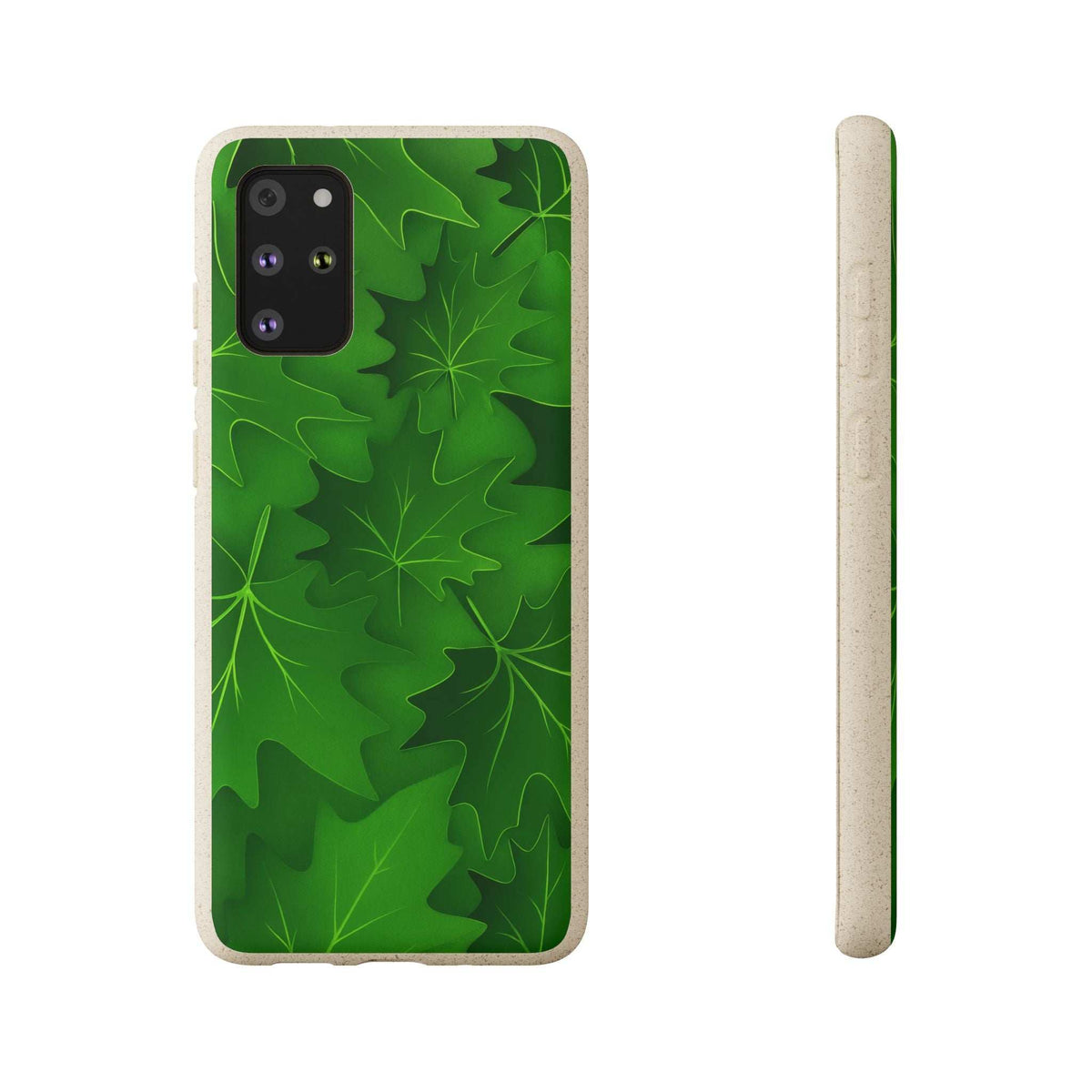 Green botanical leaf phone case with camera cutout on speckled beige back