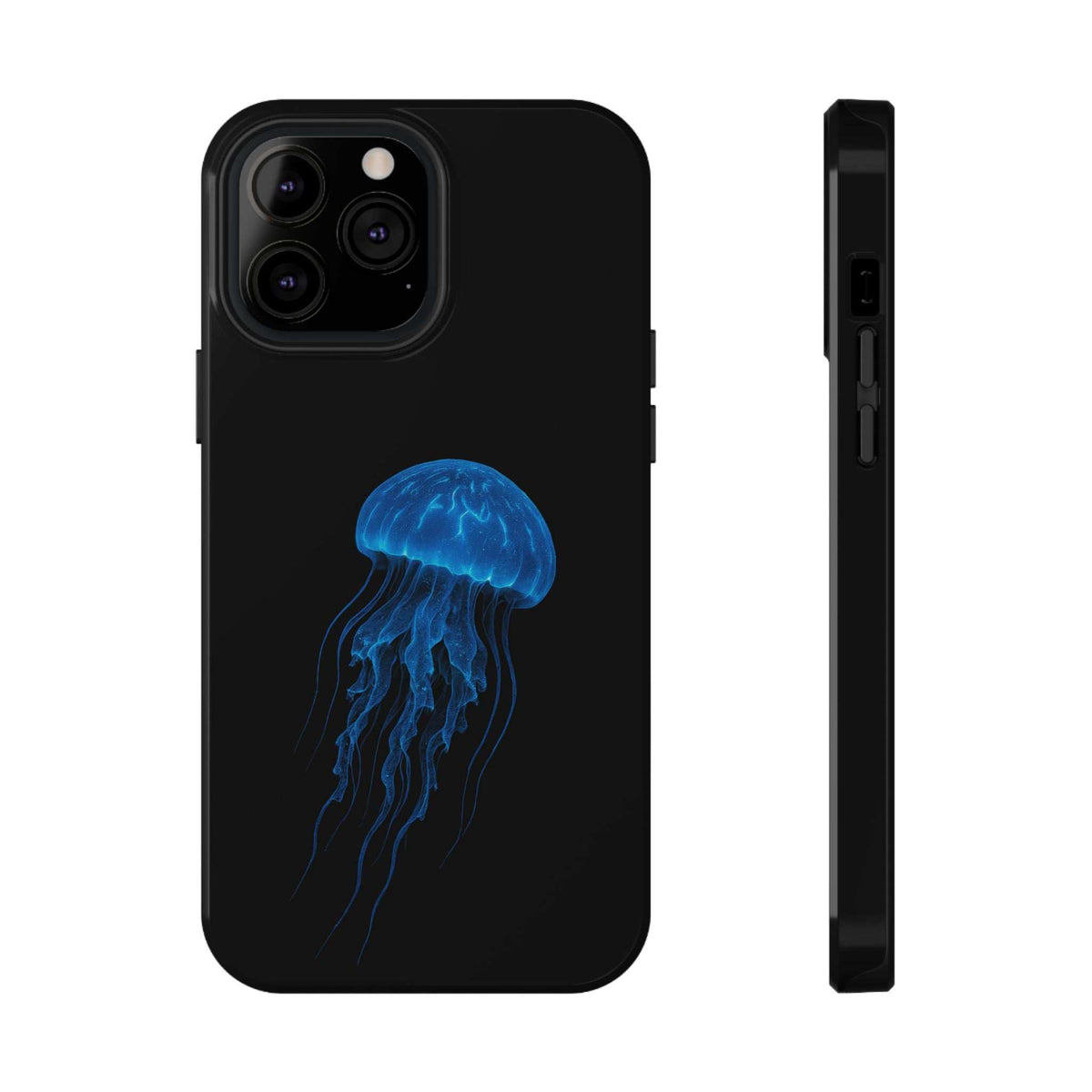 Black phone case with blue jellyfish graphic, front and thin side profile shown