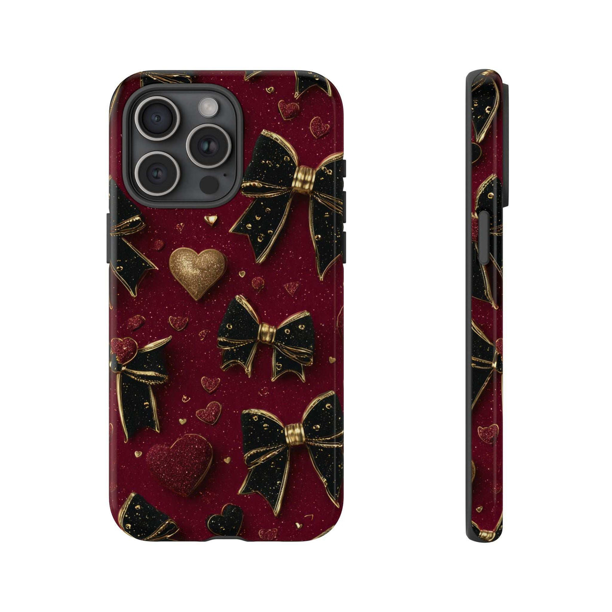 Velvet phone case with burgundy glitter hearts and gold bows; camera cutouts.