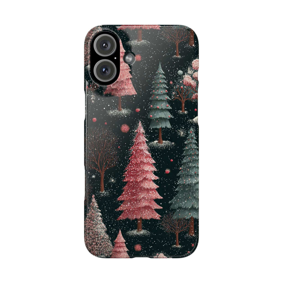 Glossy phone case with dark winter forest and pink Christmas trees pattern