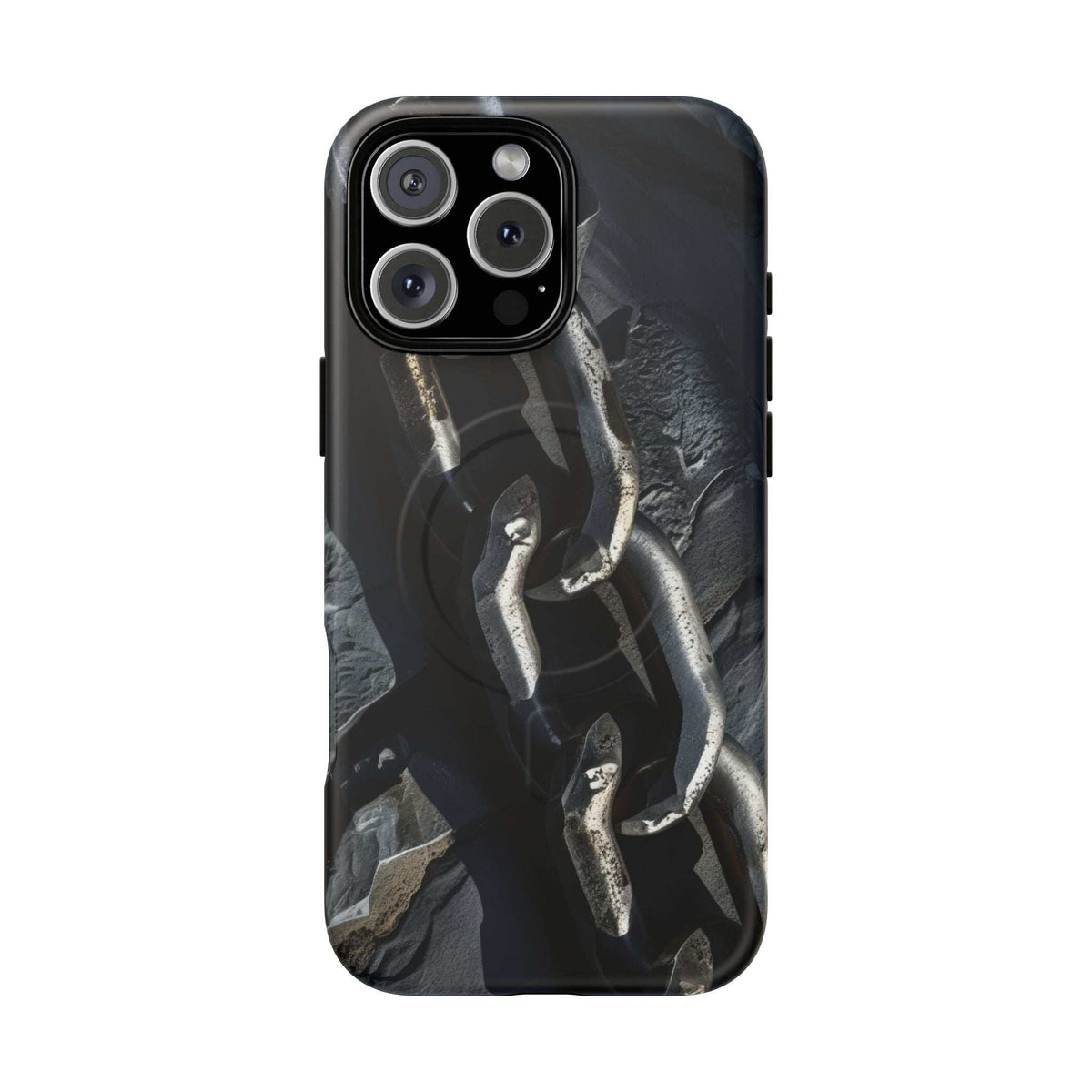 Black magnetic phone case with iron chain artwork and side button openings