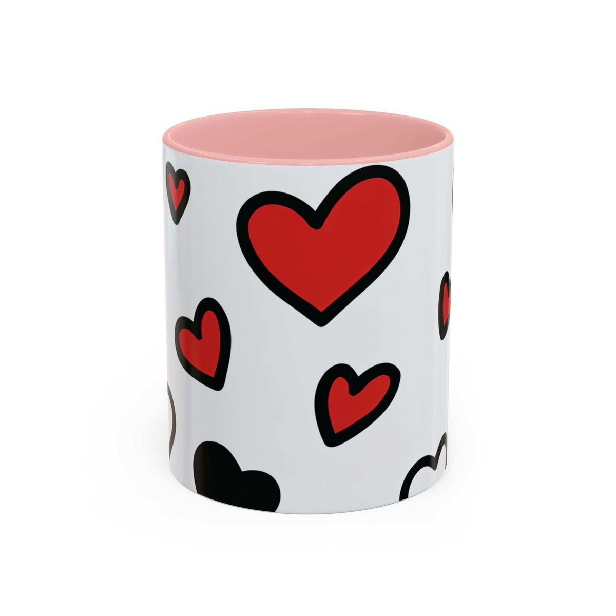 Love-themed accent coffee mug, white body with red hearts and light pink interior