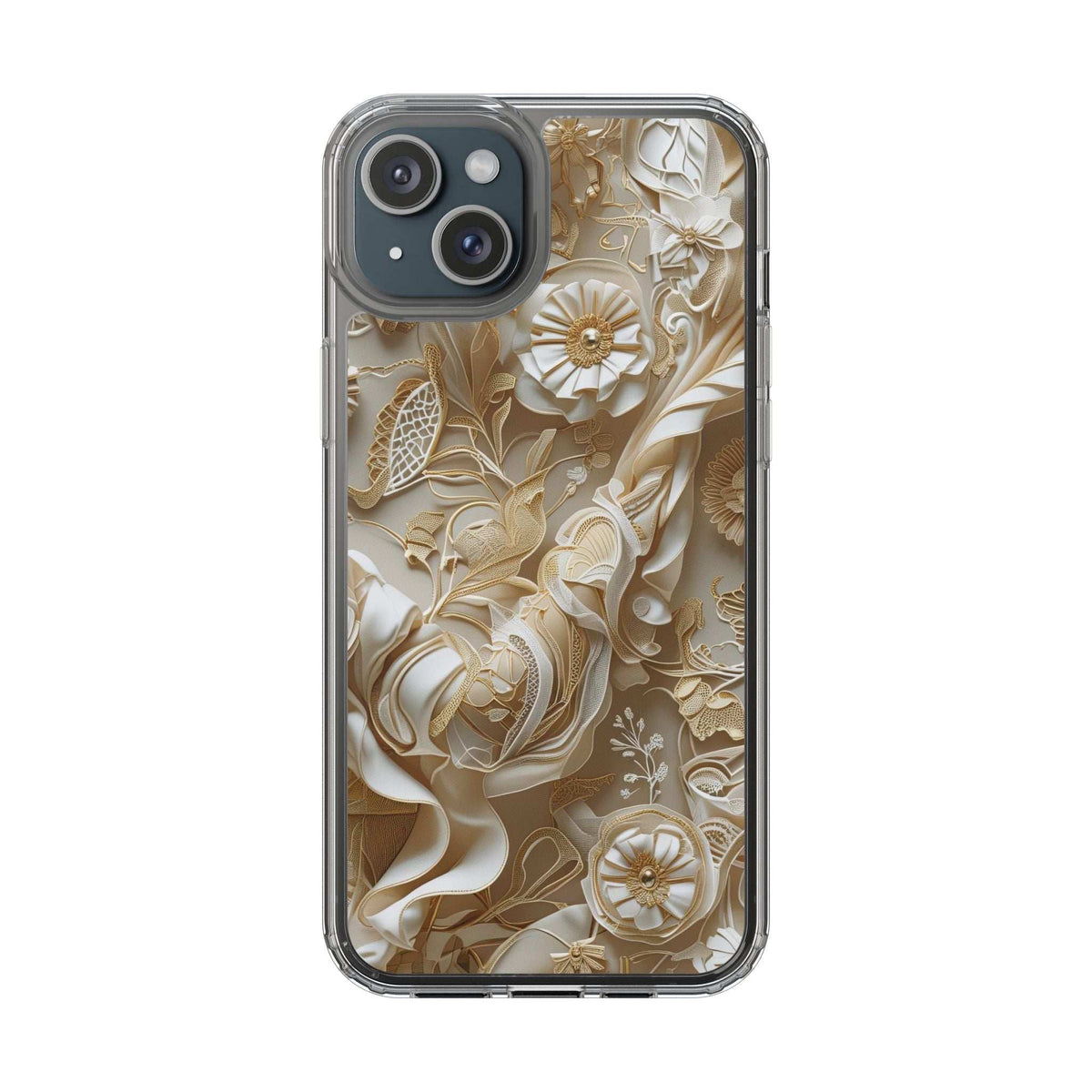 Clear phone case with gold-and-cream floral pattern, dual-lens camera opening