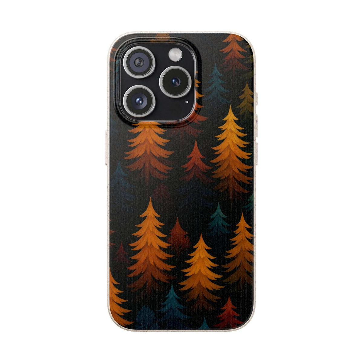 Biodegradable phone case with dark forest tree pattern and raised camera cutouts