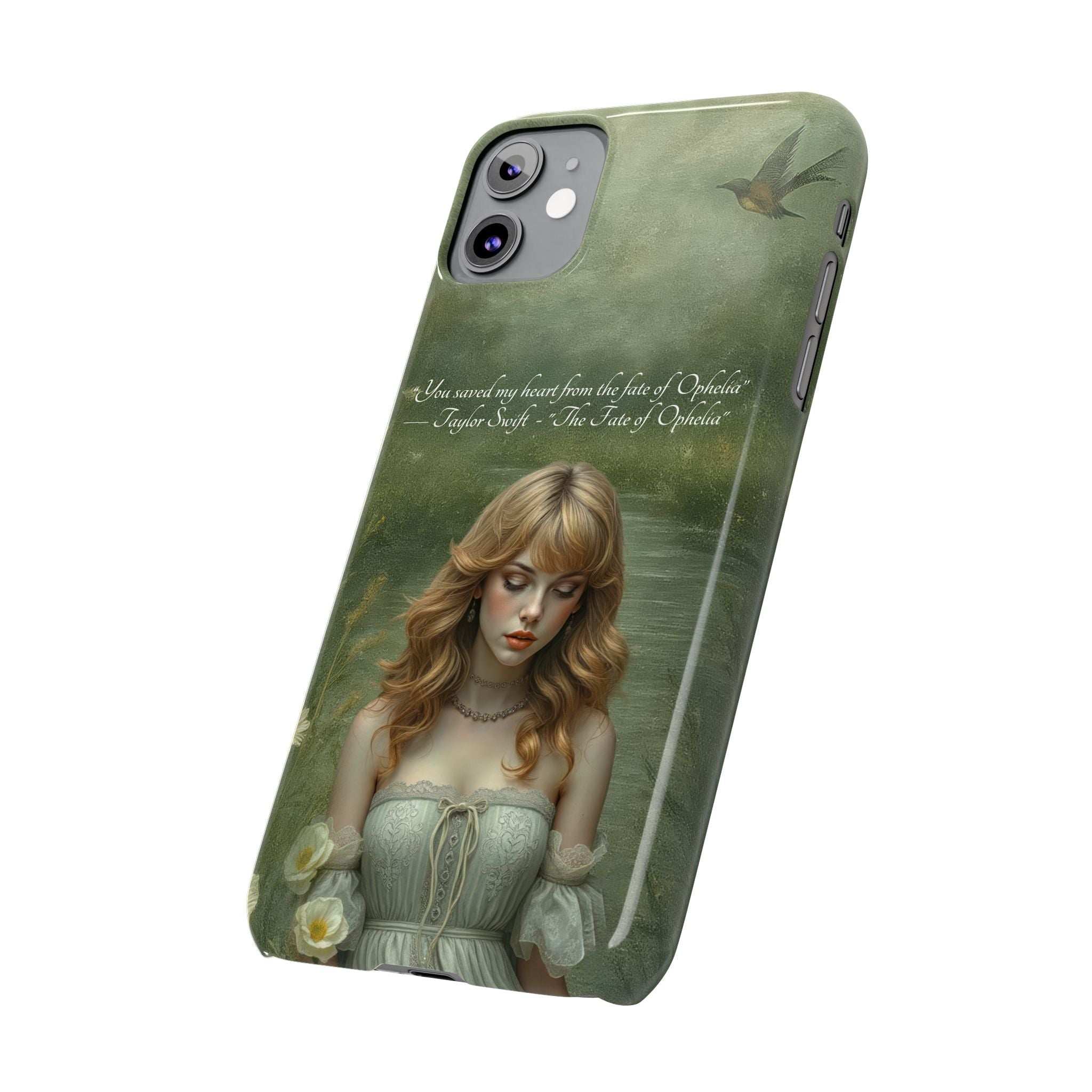 Green phone case angled view with blonde girl artwork, bird, and camera opening.