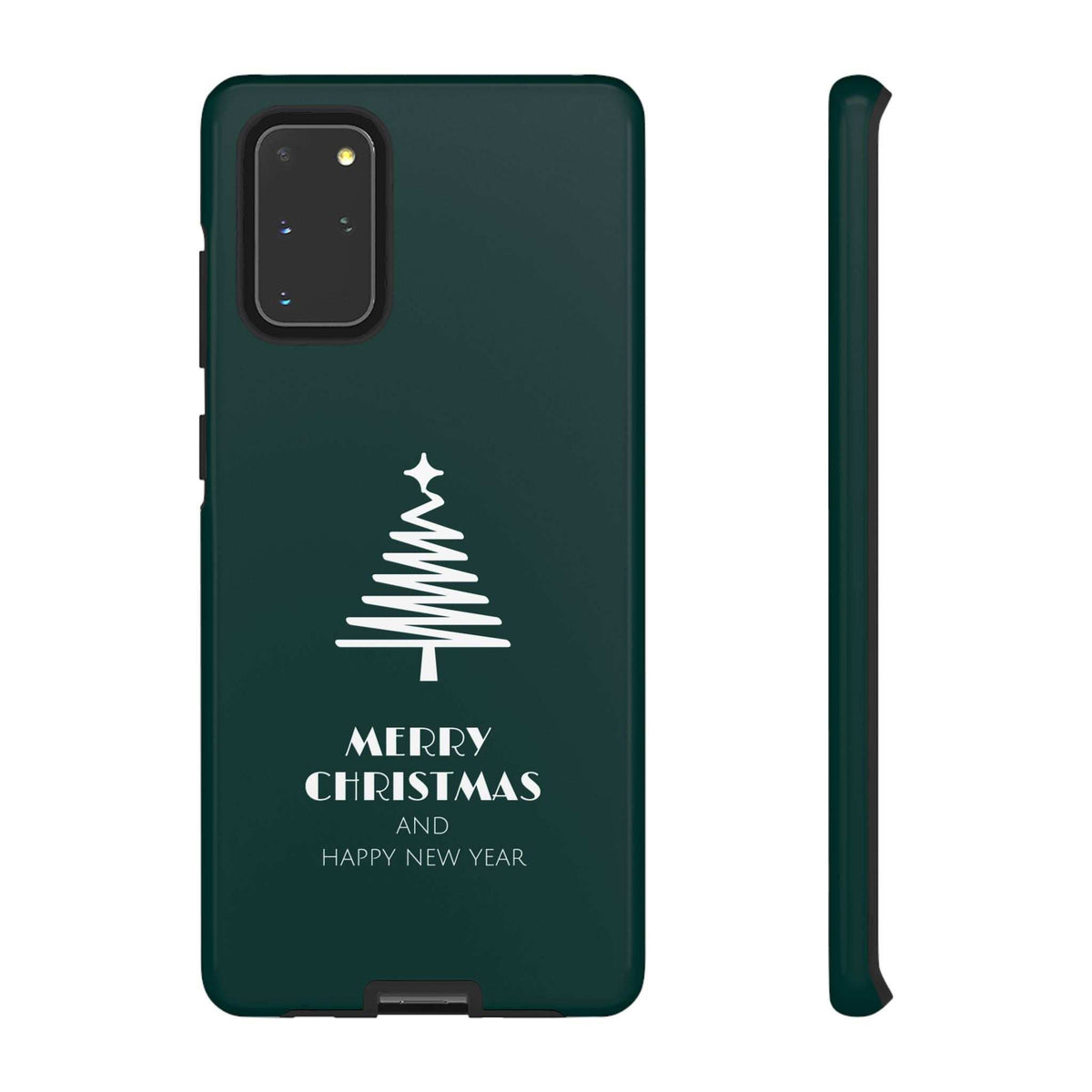 Glossy green Christmas phone case back view with white tree and 'Merry Christmas' text, slim side