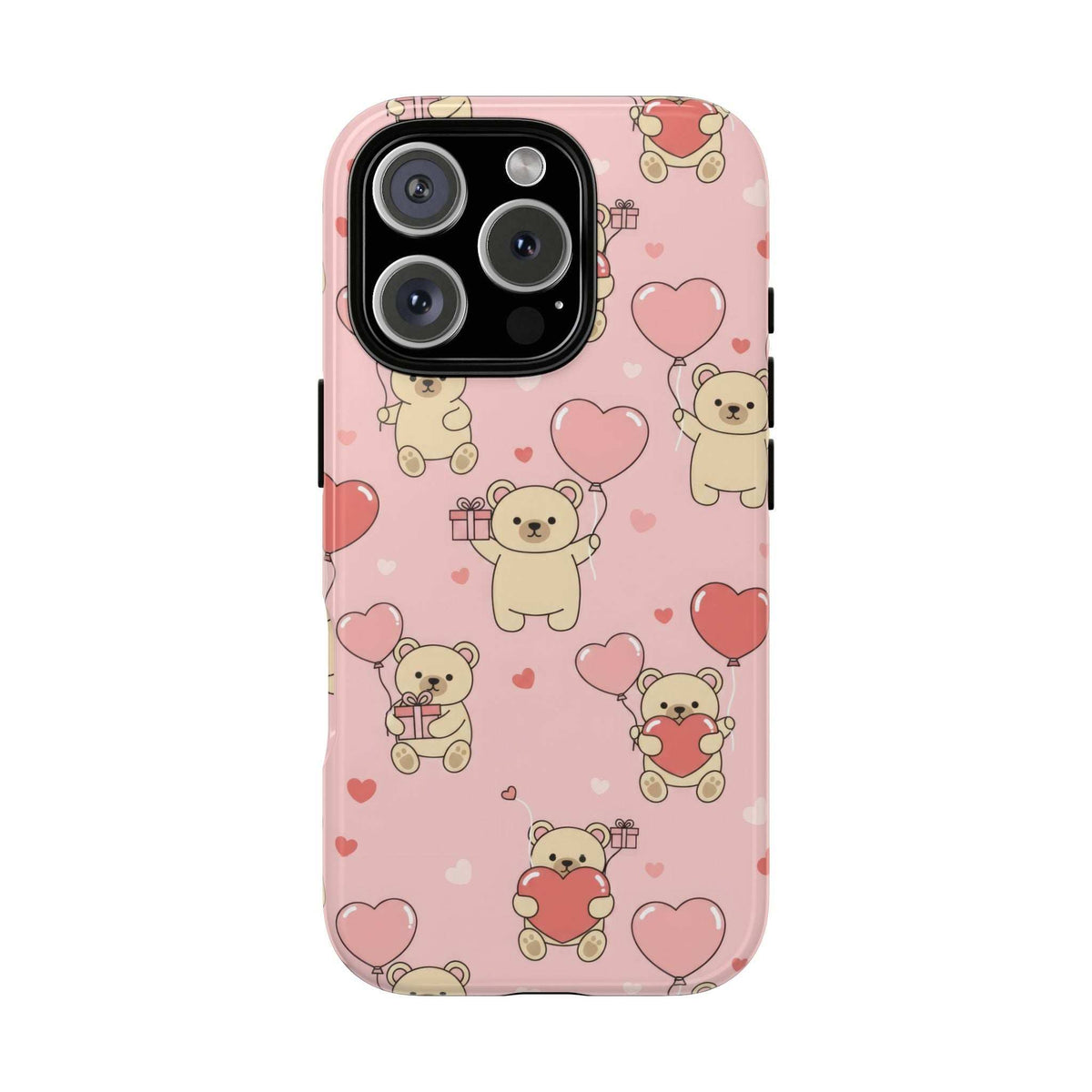 Pink phone case with teddy bears and hearts pattern and dual-lens camera cutout