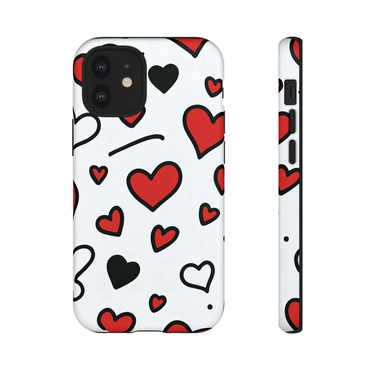 White phone case with scattered red and black hearts; camera lens cutouts and side profile.