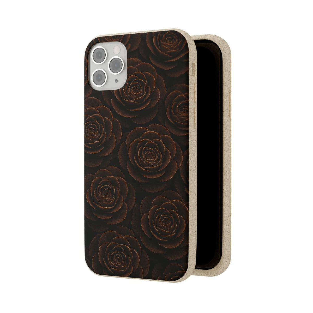 Black rose-pattern phone case with light inner frame visible on the side