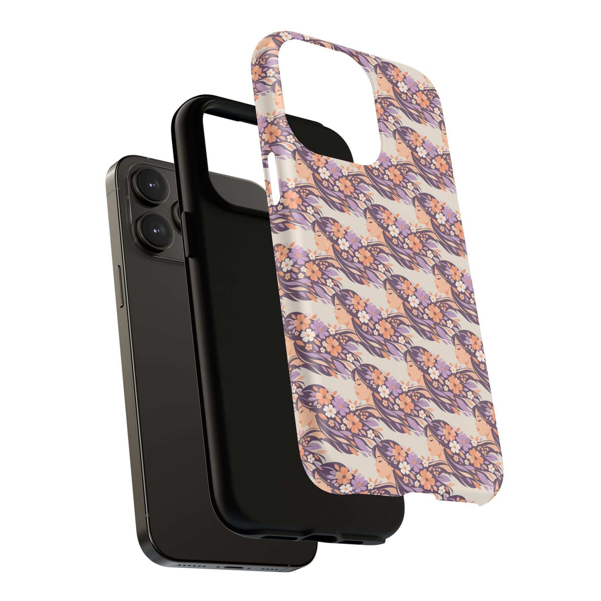 Floral phone case showing pastel pink and purple blossoms with side and camera cutouts
