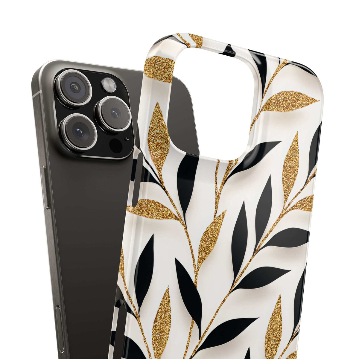 Phone case with patterned back and dark interior frame around camera module