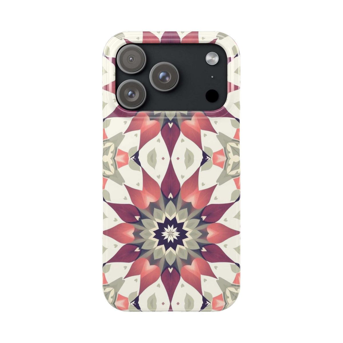 Phone case with burgundy and navy mandala floral pattern on cream, glossy black camera bump visible.
