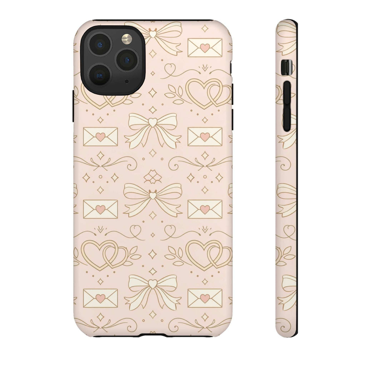 Light pink tough phone case with gold hearts, bows, and envelope pattern; front and side view