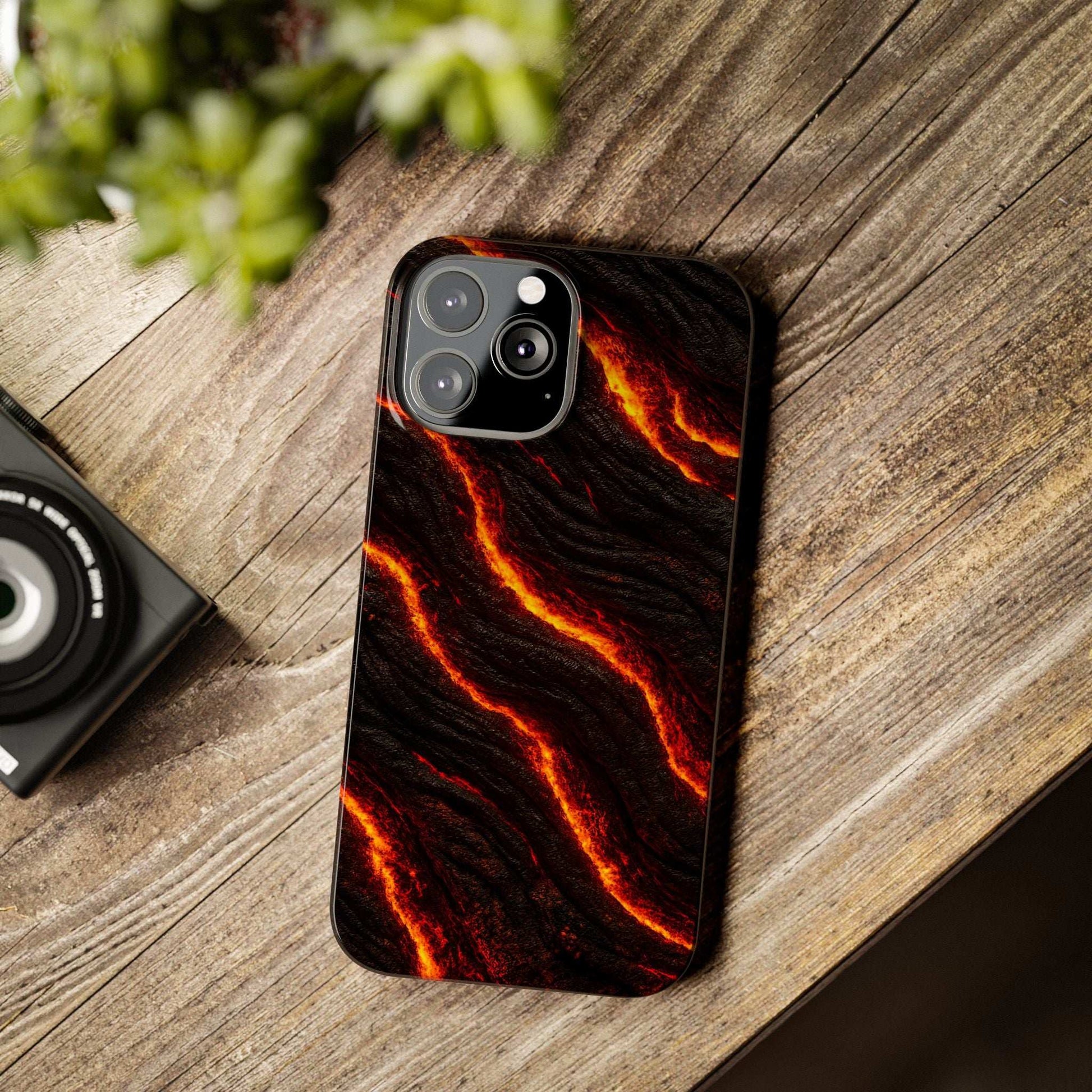 Black lava-pattern phone case with glowing orange-red streaks for iPhone 11–17