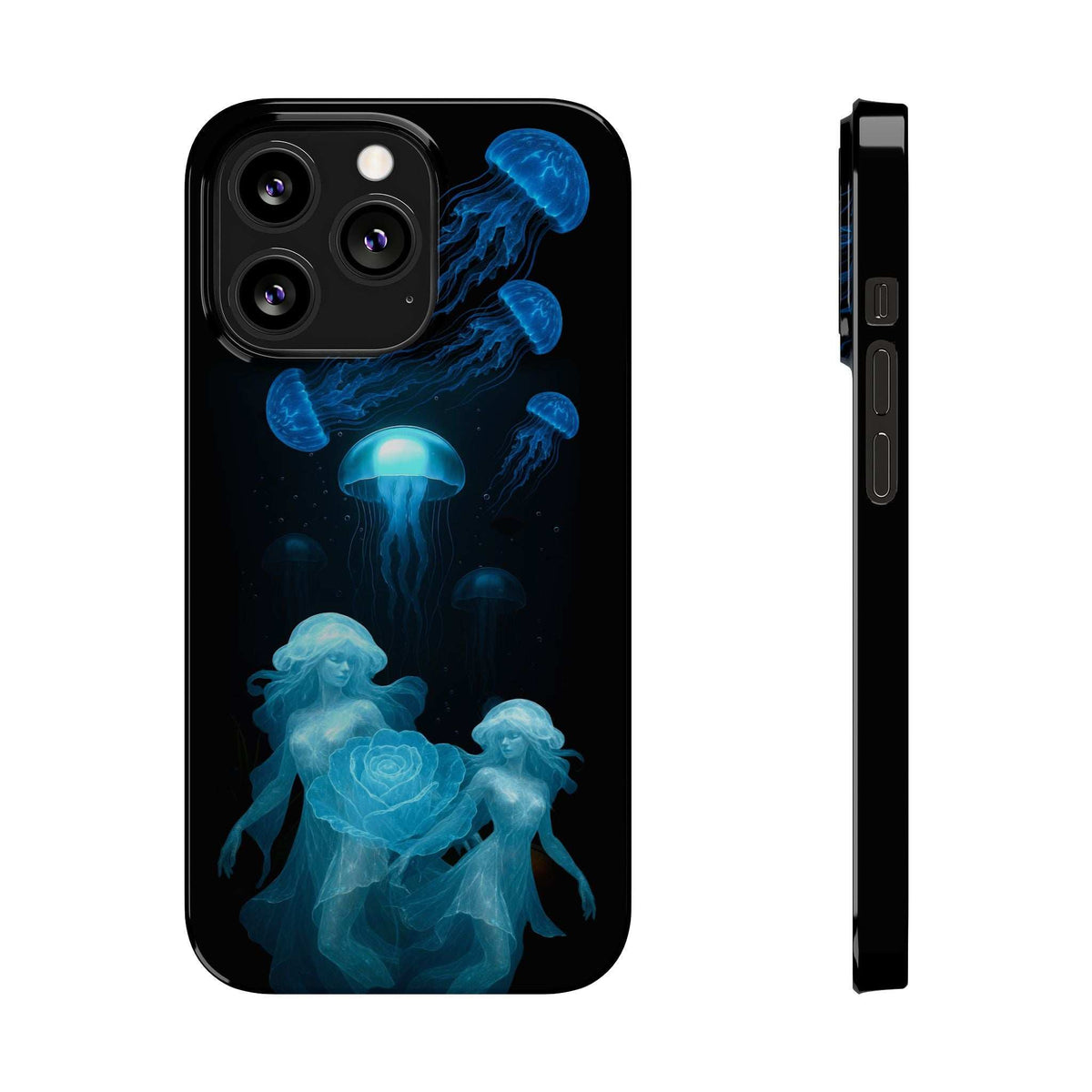 Phone case with blue jellyfish pattern, back view with side buttons visible