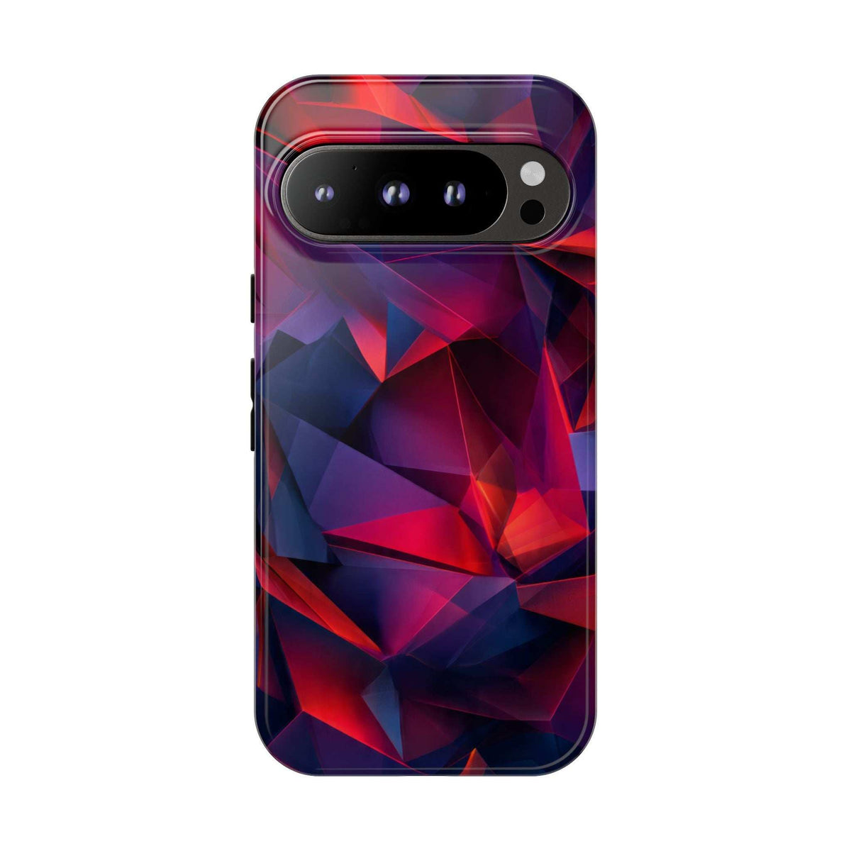 Glossy phone case with red and blue geometric prism artwork and triple camera cutout