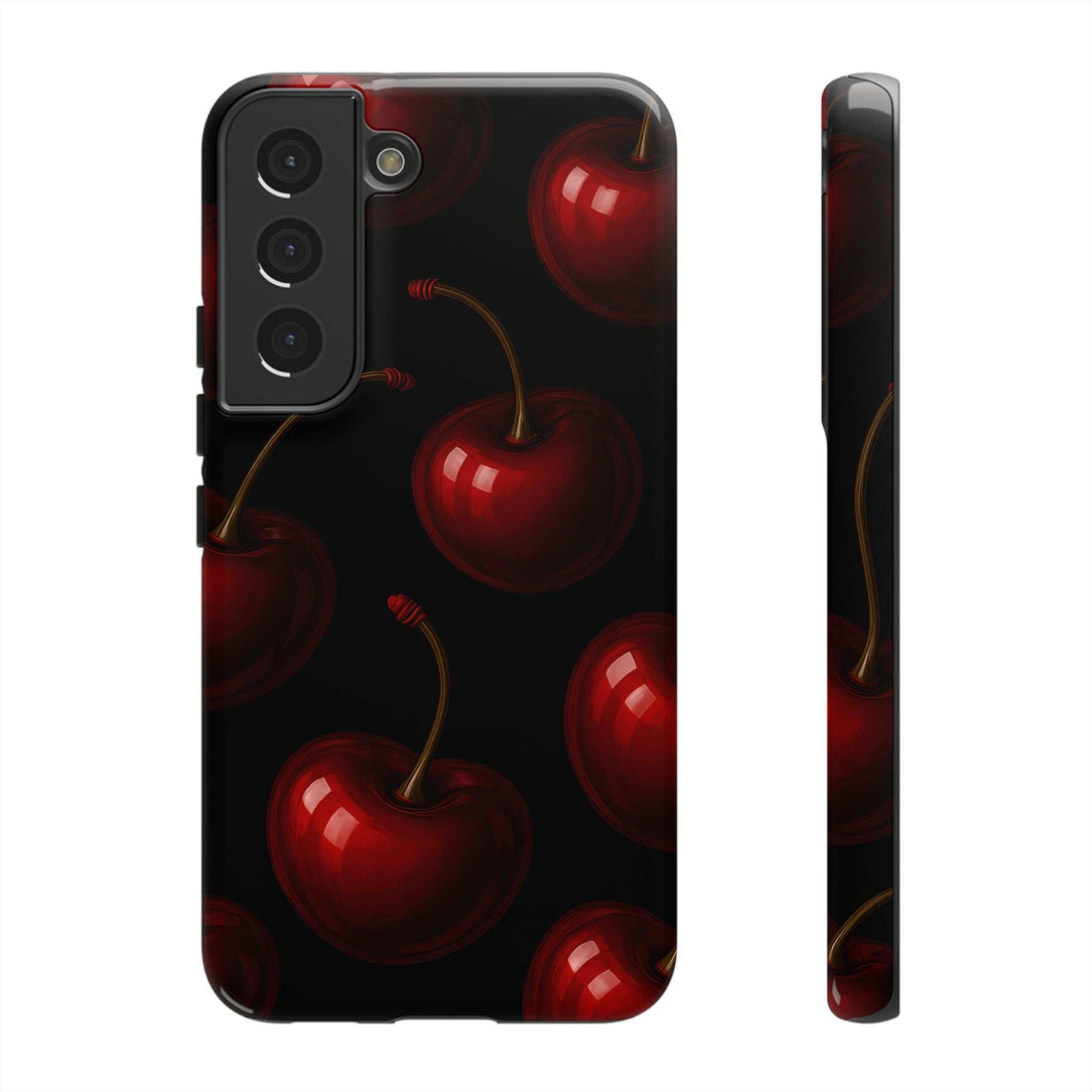 Glossy cherry phone case with red cherries on dark background and raised camera protection