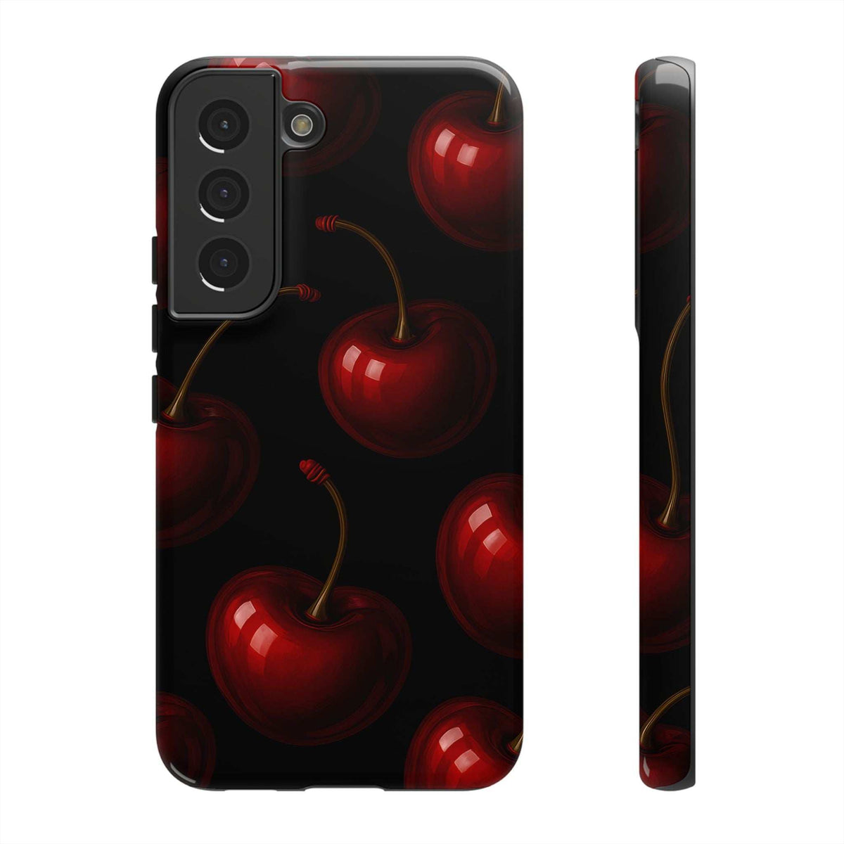 Cherry phone case showing side buttons and glossy red cherry pattern on dark