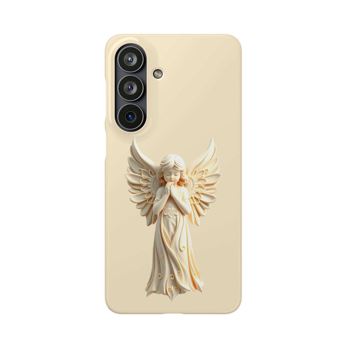Cream phone case with raised angel in wings, left camera cutout and flash dot
