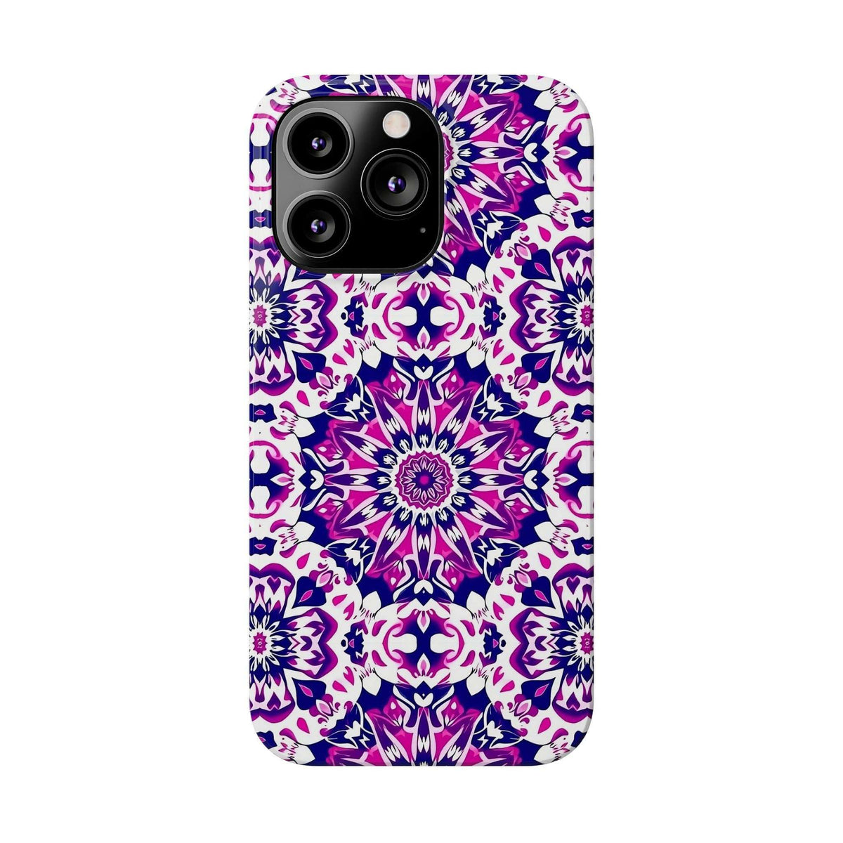Phone case with symmetrical purple-pink floral mandala design and black camera module