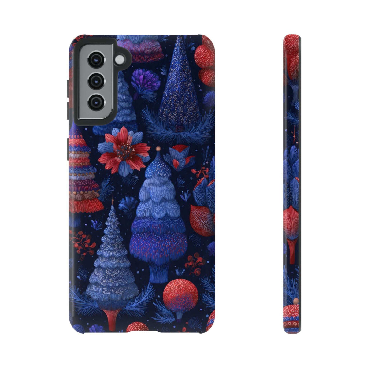 Phone case with midnight blue forest design, red ornaments and flowers, raised camera cutouts