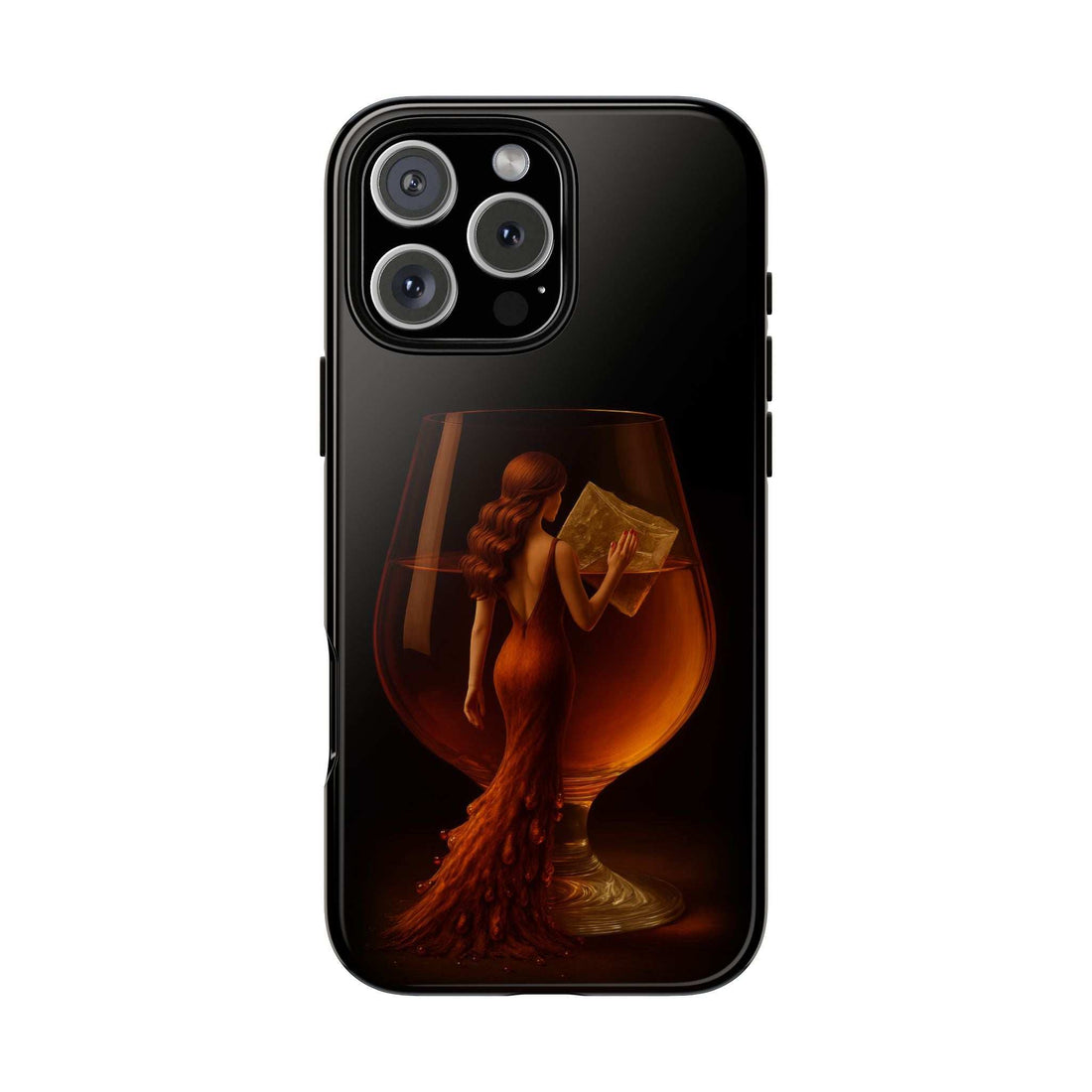 Midnight lady phone case, glossy black back with triple camera cutouts and artwork