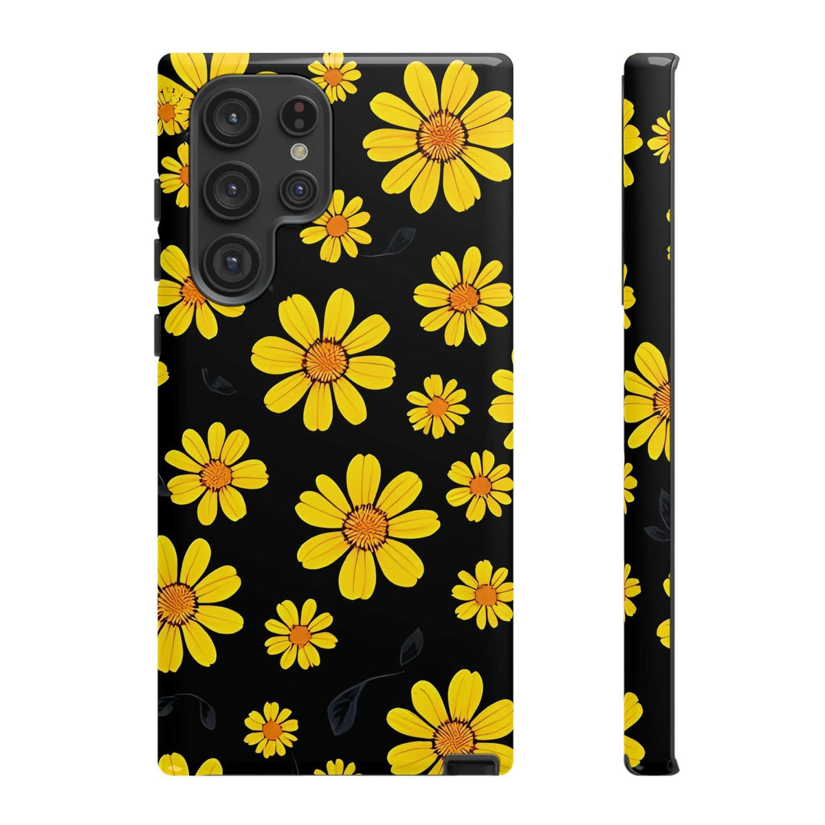 Black floral phone case with large yellow daisies; front camera module cutouts visible