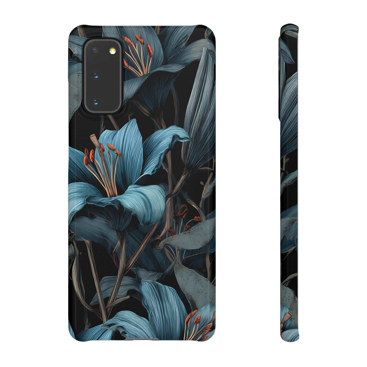 Floral phone case with blue botanical artwork, camera opening and slim side profile