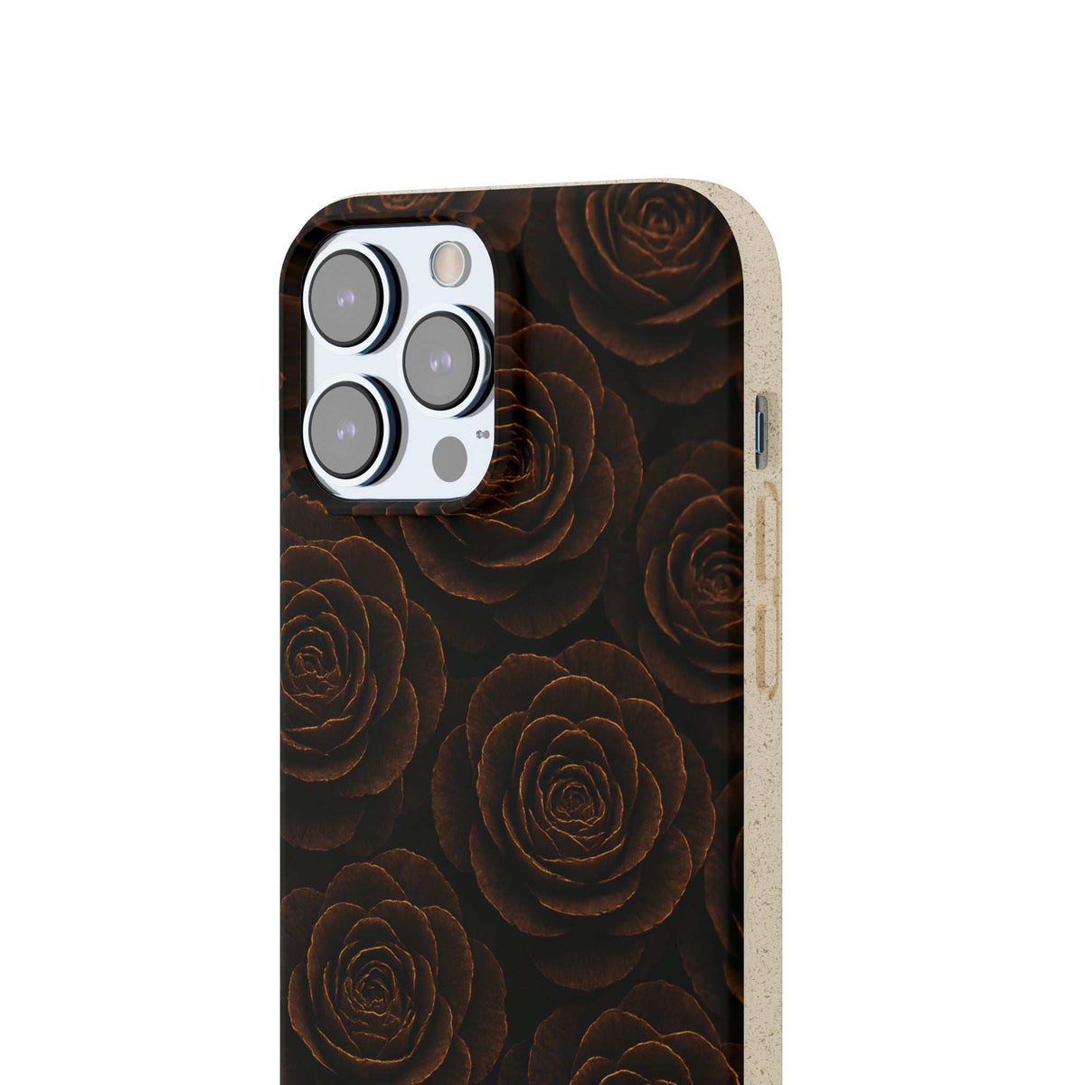 Wooden rose phone case back with dark rose pattern and beige side frame